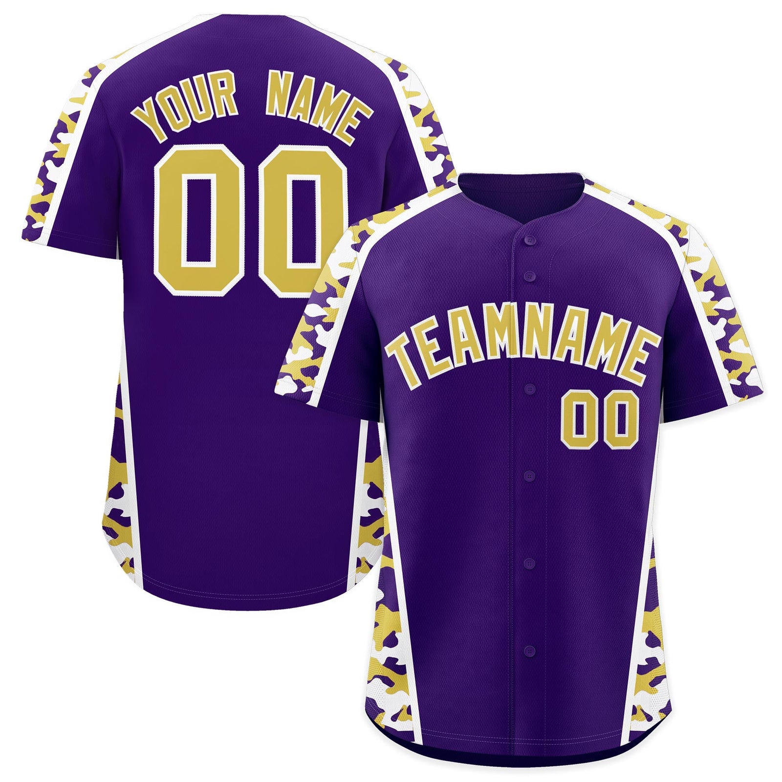 Custom Purple Old Gold Side Camo Style Personalization Baseball Jersey| KXKSHOP