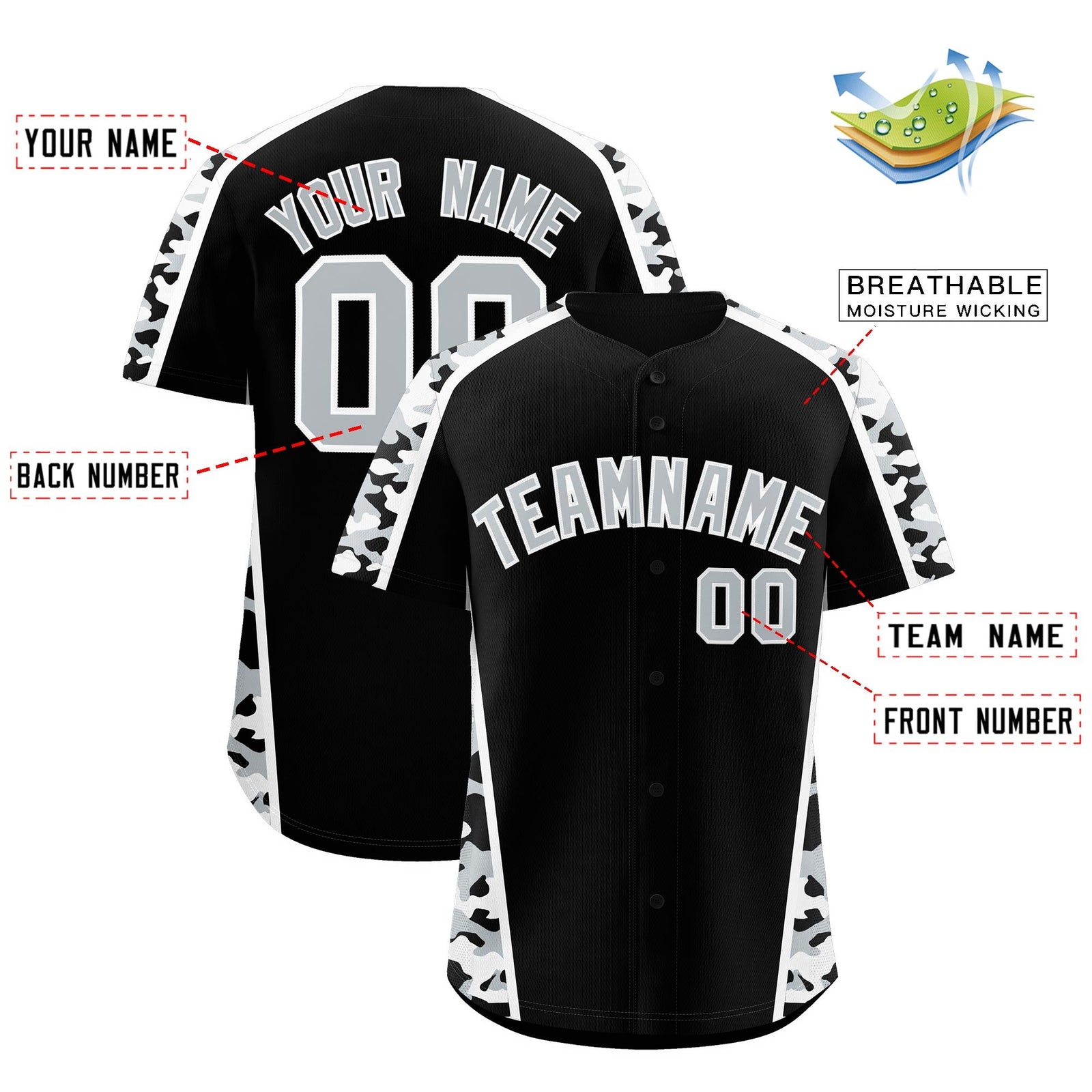 Custom Black Silver Side Camo Style Personalization Baseball Jersey| KXKSHOP