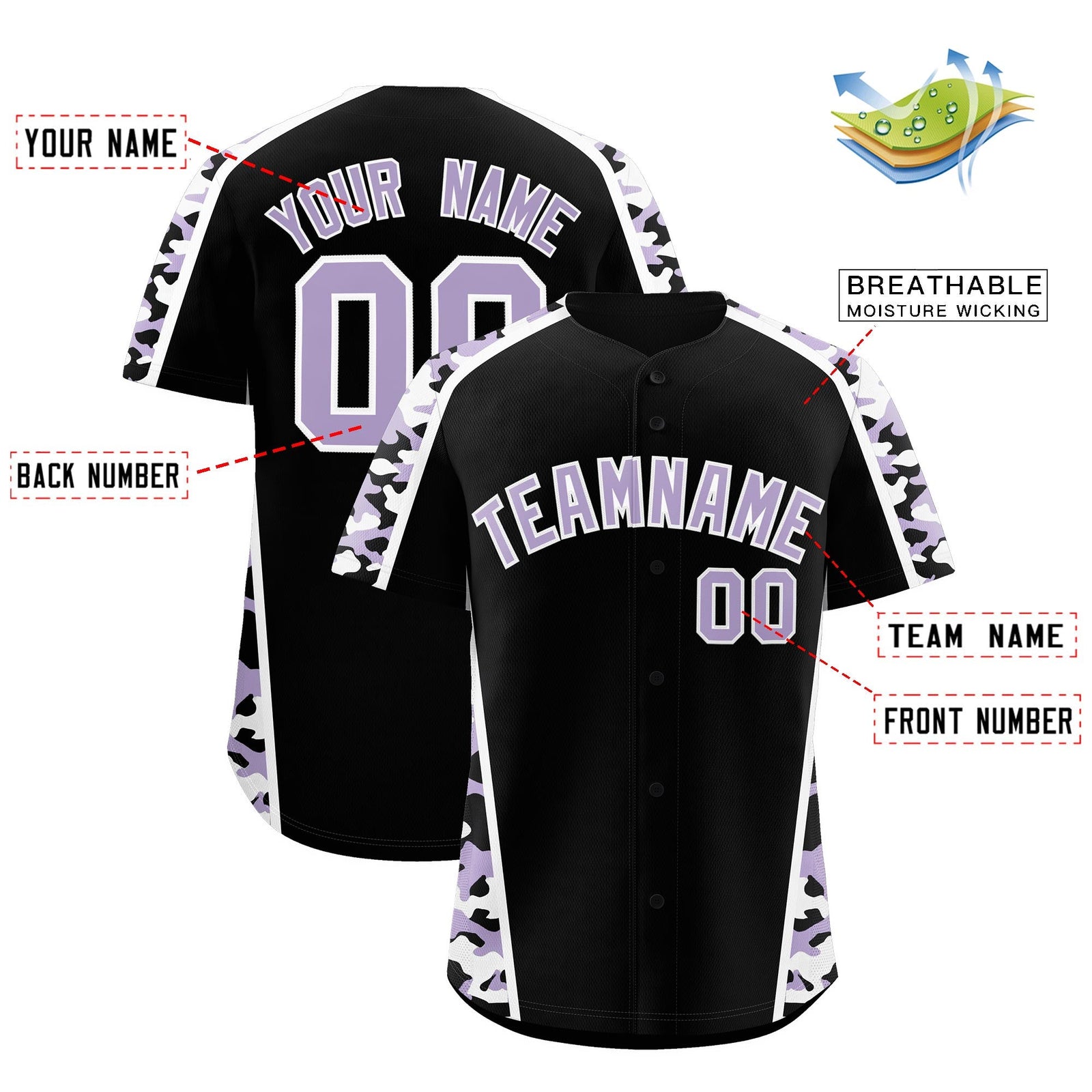 Custom Black Light Purple Side Camo Style Personalization Baseball Jersey| KXKSHOP