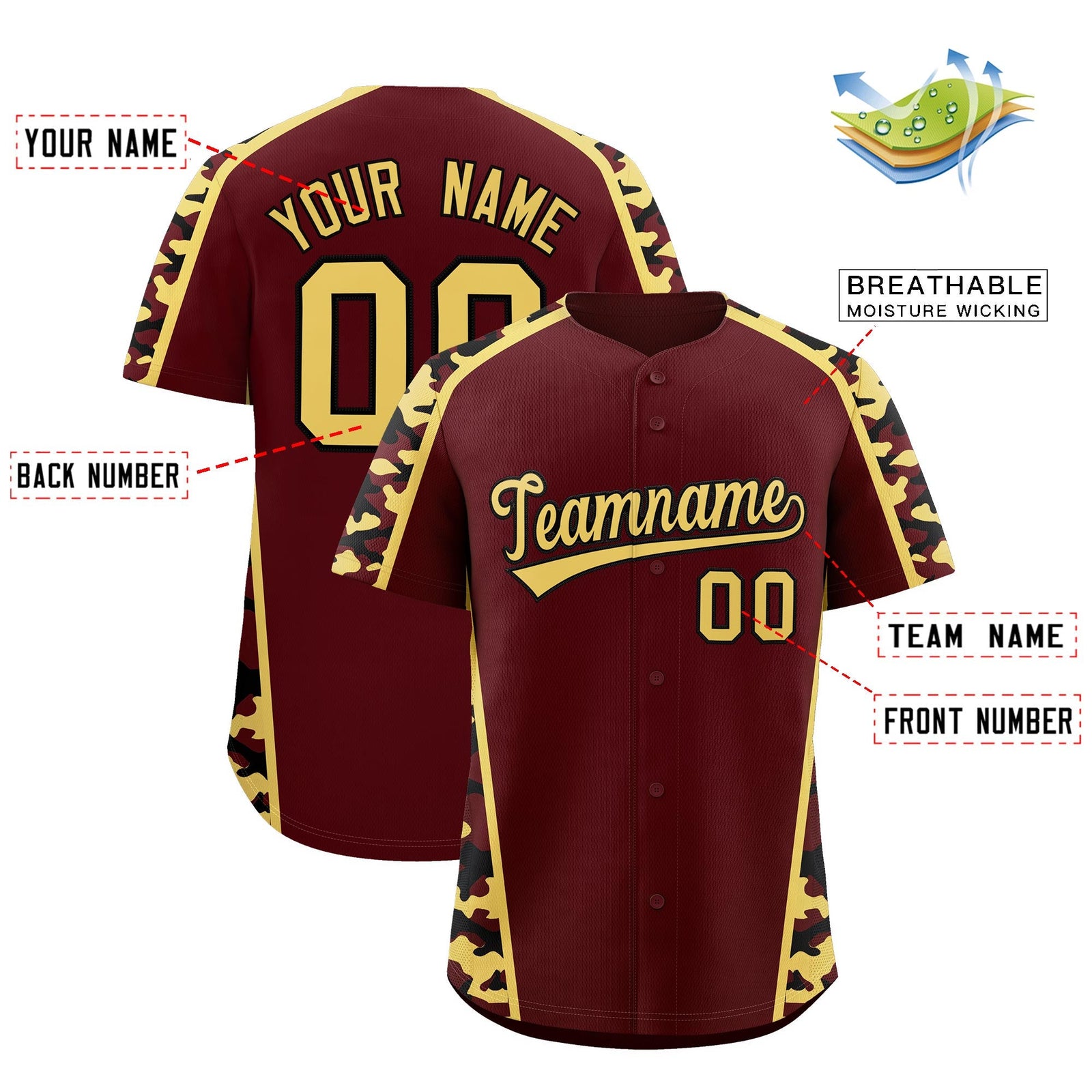 Custom Burgundy Khaki Side Camo Style Personalization Baseball Jersey| KXKSHOP