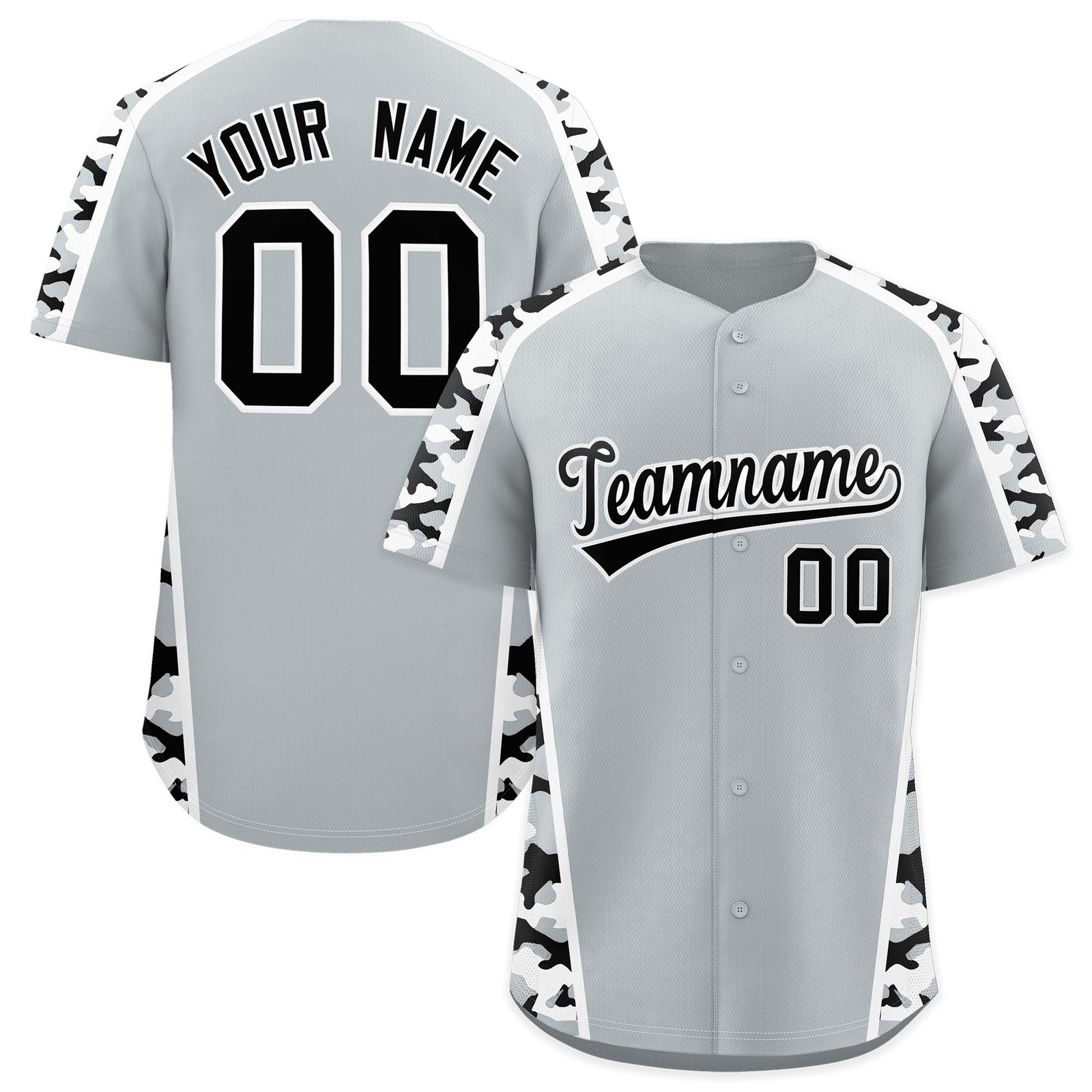 Custom Silver Black Side Camo Style Personalization Baseball Jersey| KXKSHOP