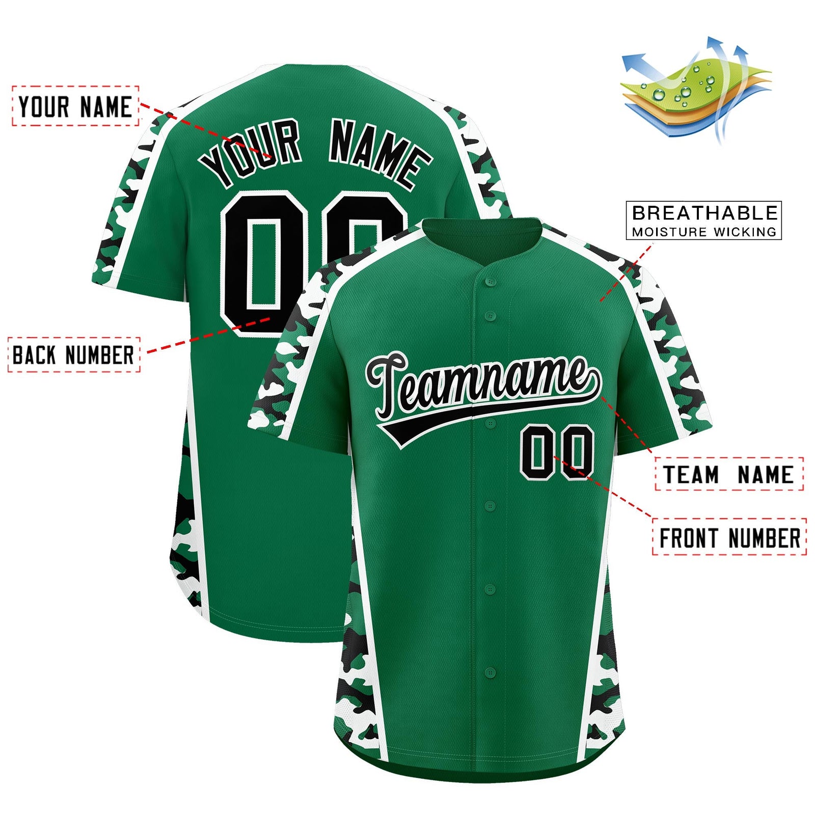 Custom Kelly Green Black Side Camo Style Personalization Baseball Jersey| KXKSHOP