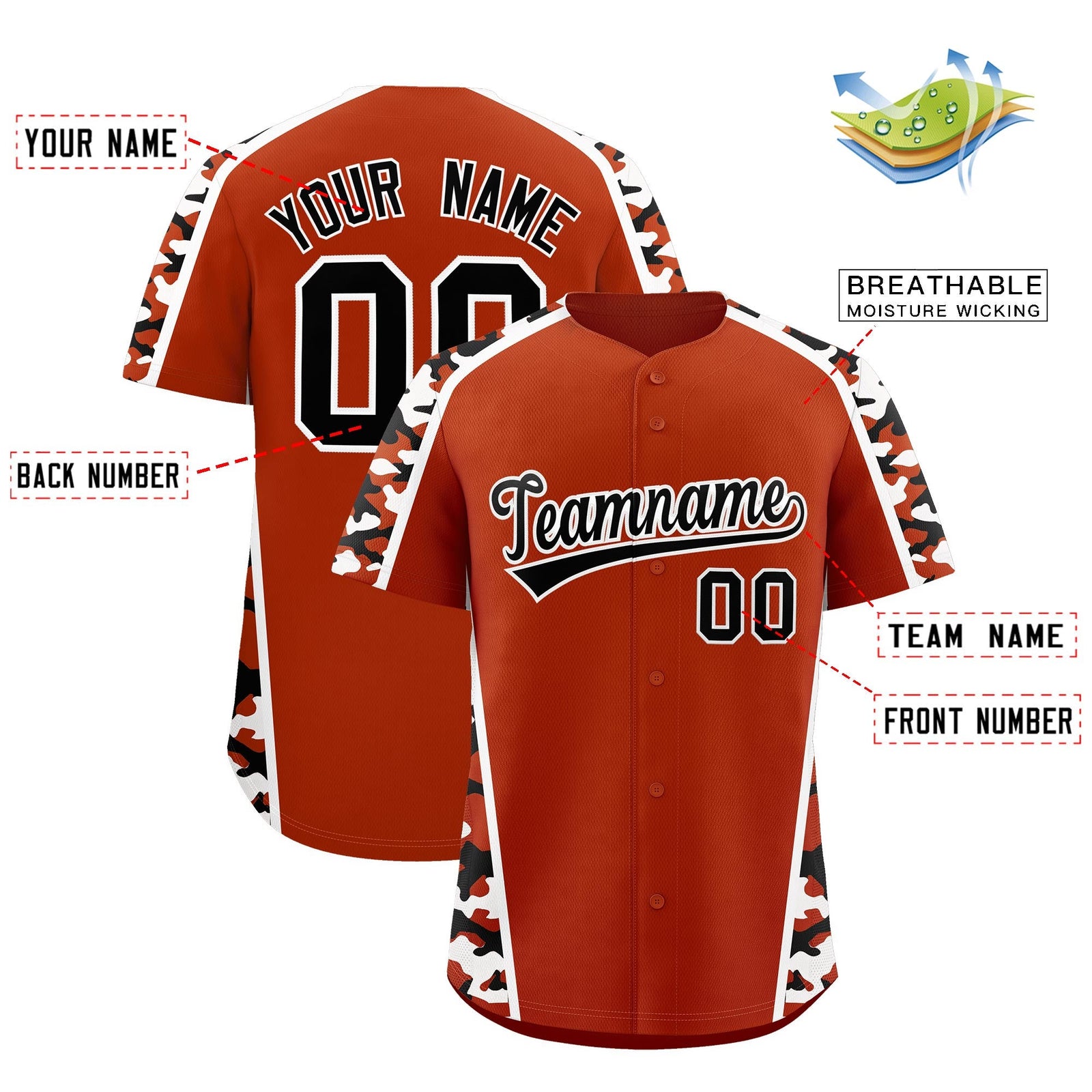 Custom Dark Orange Black Side Camo Style Personalization Baseball Jersey| KXKSHOP