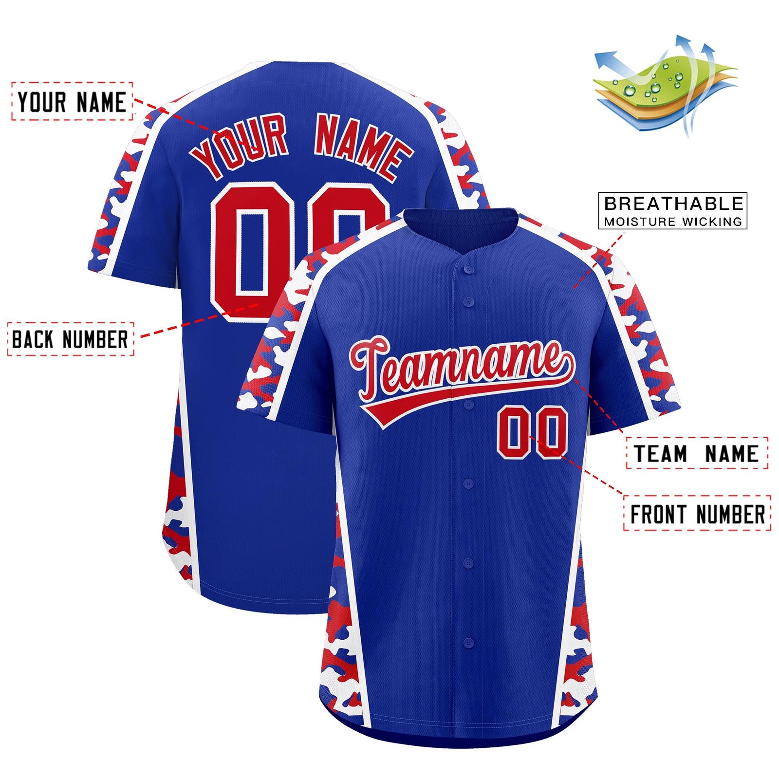 Custom Royal Blue Red Side Camo Style Personalization Baseball Jersey| KXKSHOP
