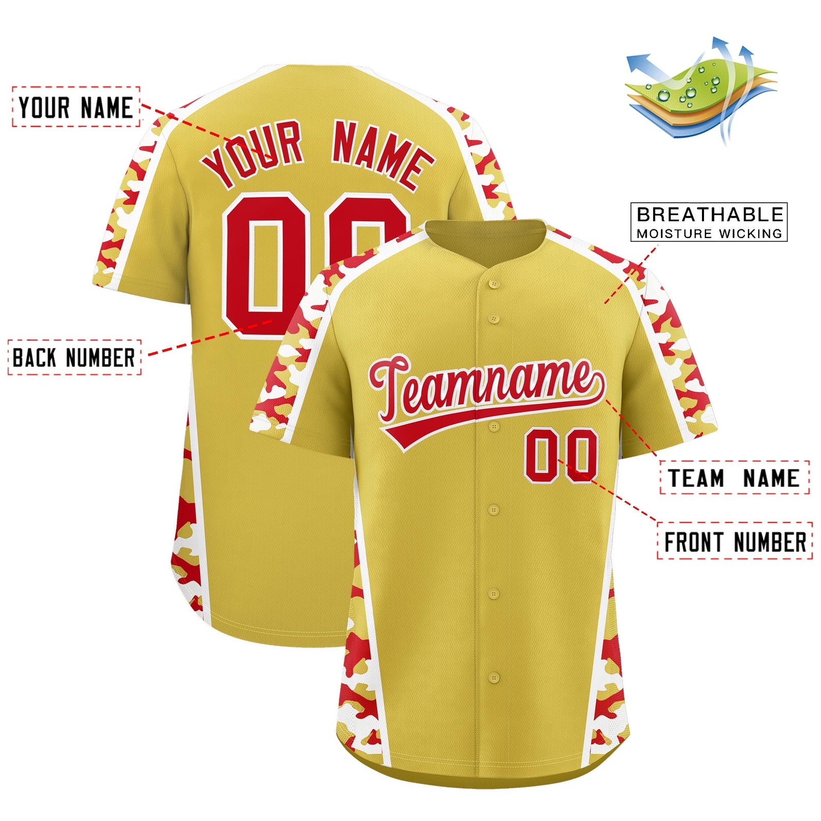Custom Old Gold Red Side Camo Style Personalization Baseball Jersey| KXKSHOP
