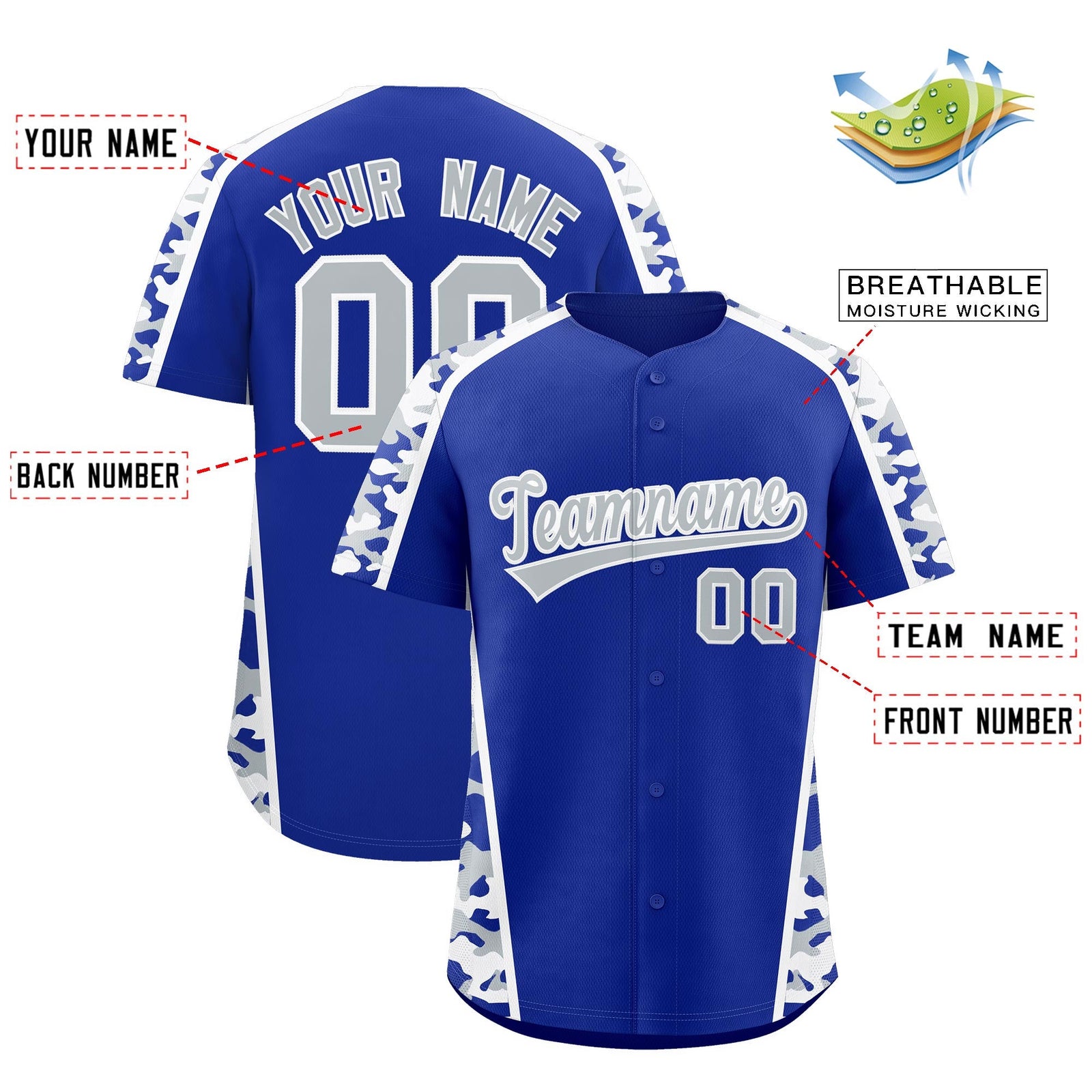 Custom Royal Blue Silver Side Camo Style Personalization Baseball Jersey| KXKSHOP