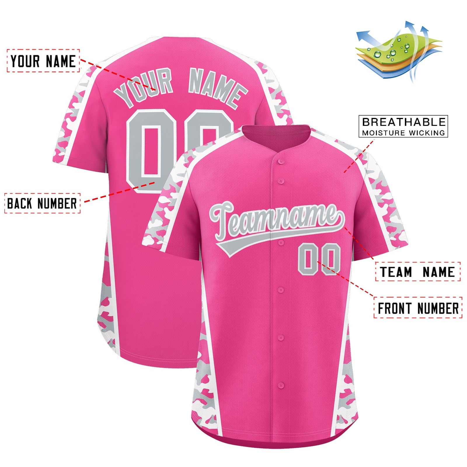 Custom Pink Silver Side Camo Style Personalization Baseball Jersey| KXKSHOP