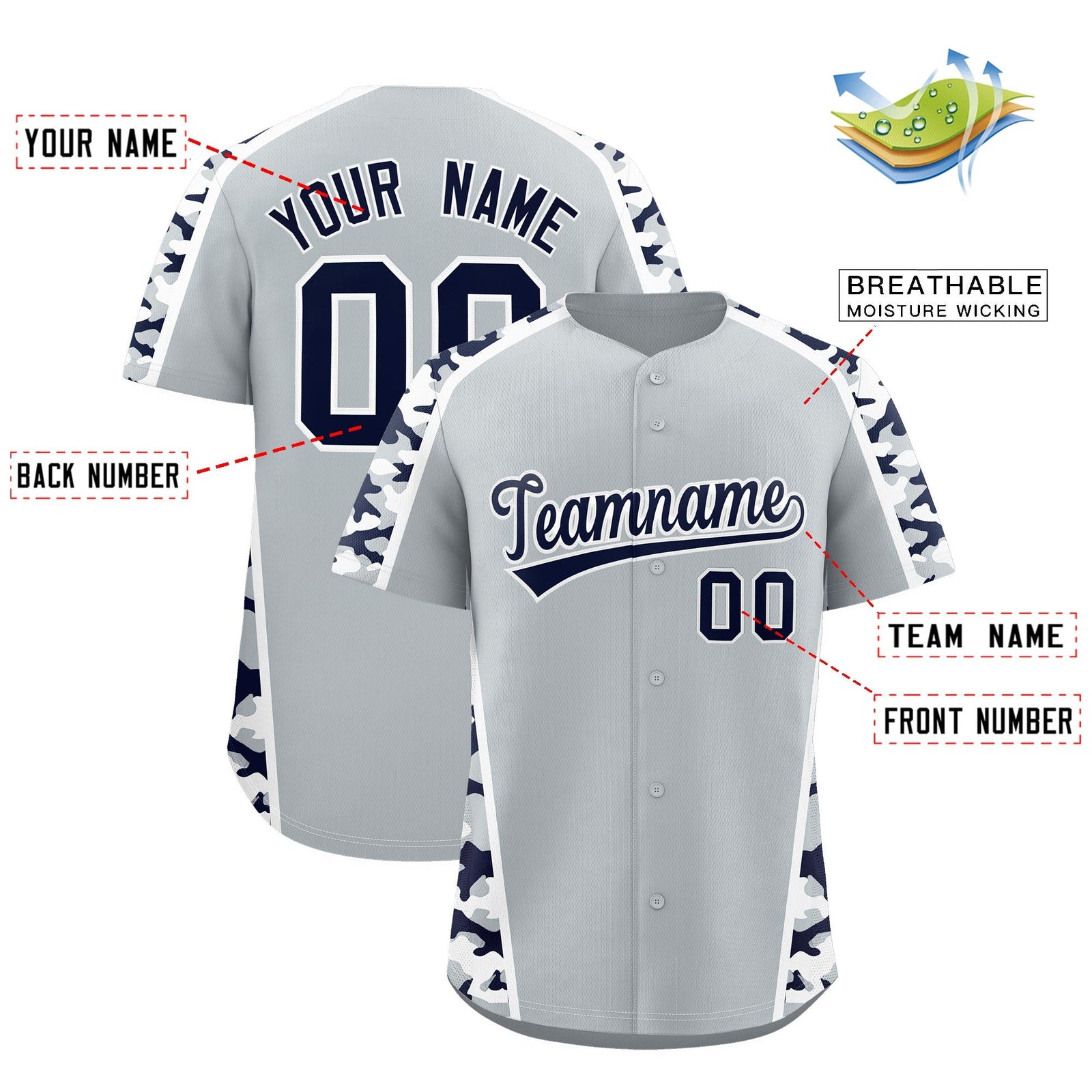 Custom Silver Navy Side Camo Style Personalization Baseball Jersey| KXKSHOP