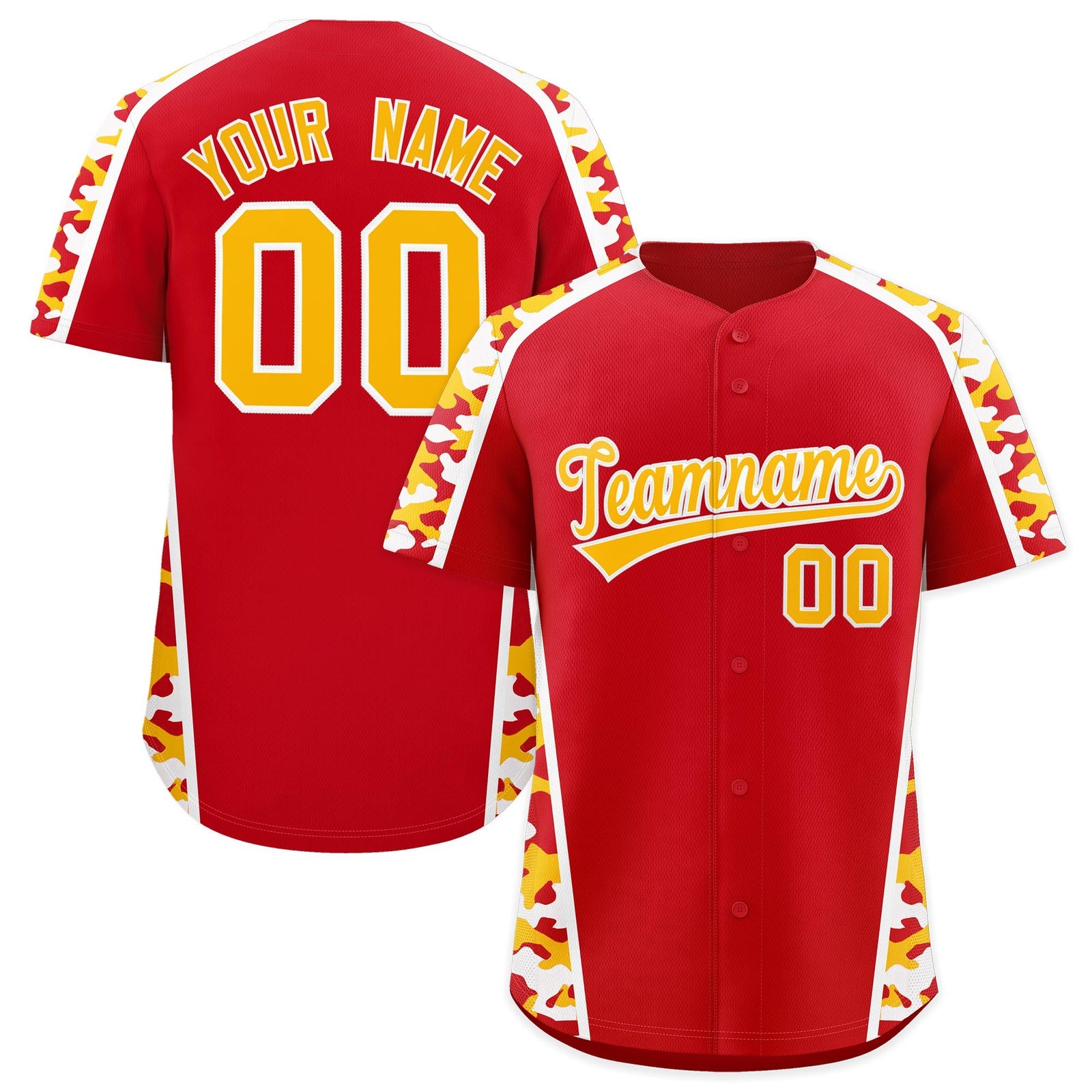 Custom Red Yellow Side Camo Style Personalization Baseball Jersey| KXKSHOP