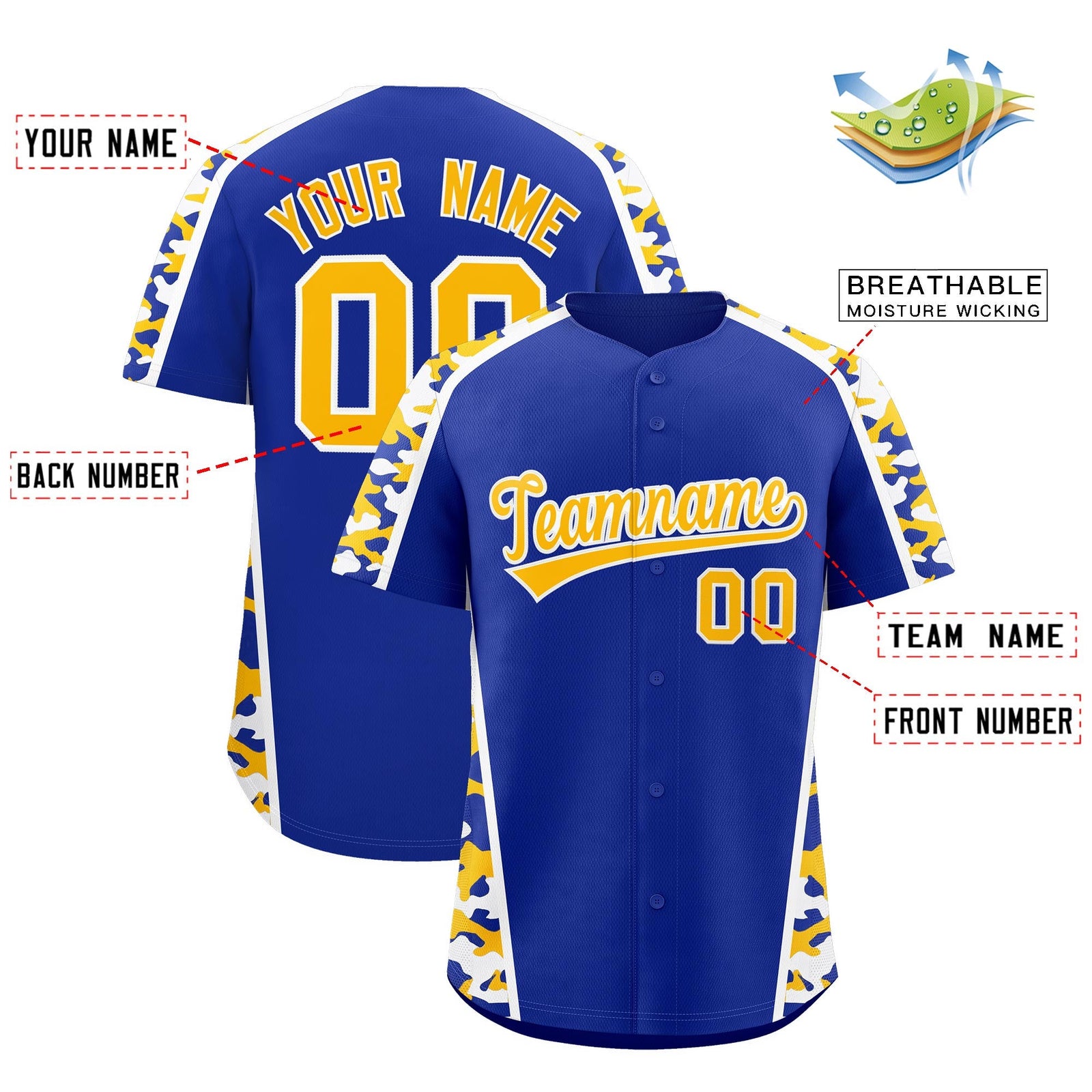 Custom Royal Blue Yellow Side Camo Style Personalization Baseball Jersey| KXKSHOP