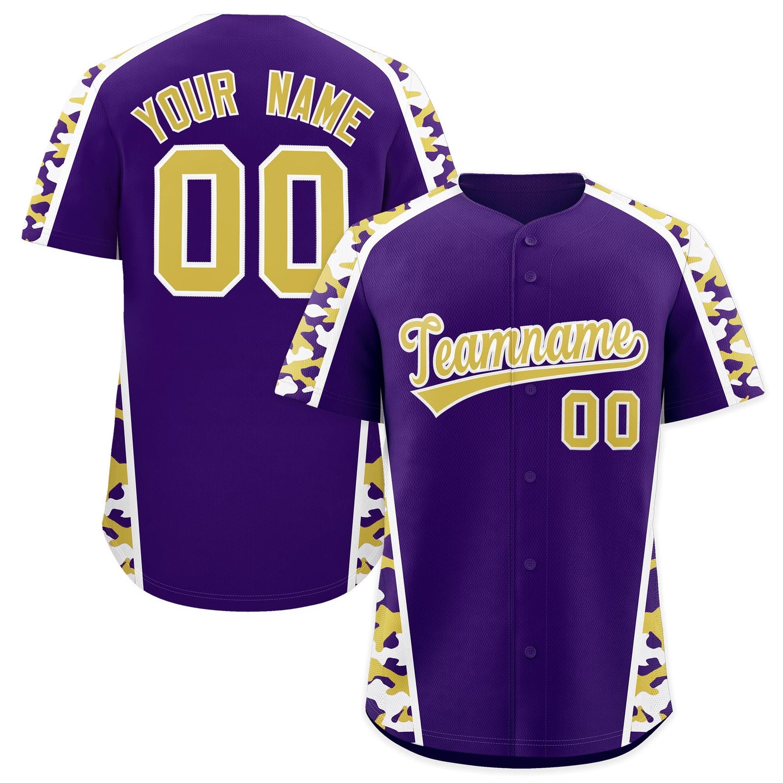 Custom Purple Old Gold Side Camo Style Personalization Baseball Jersey| KXKSHOP