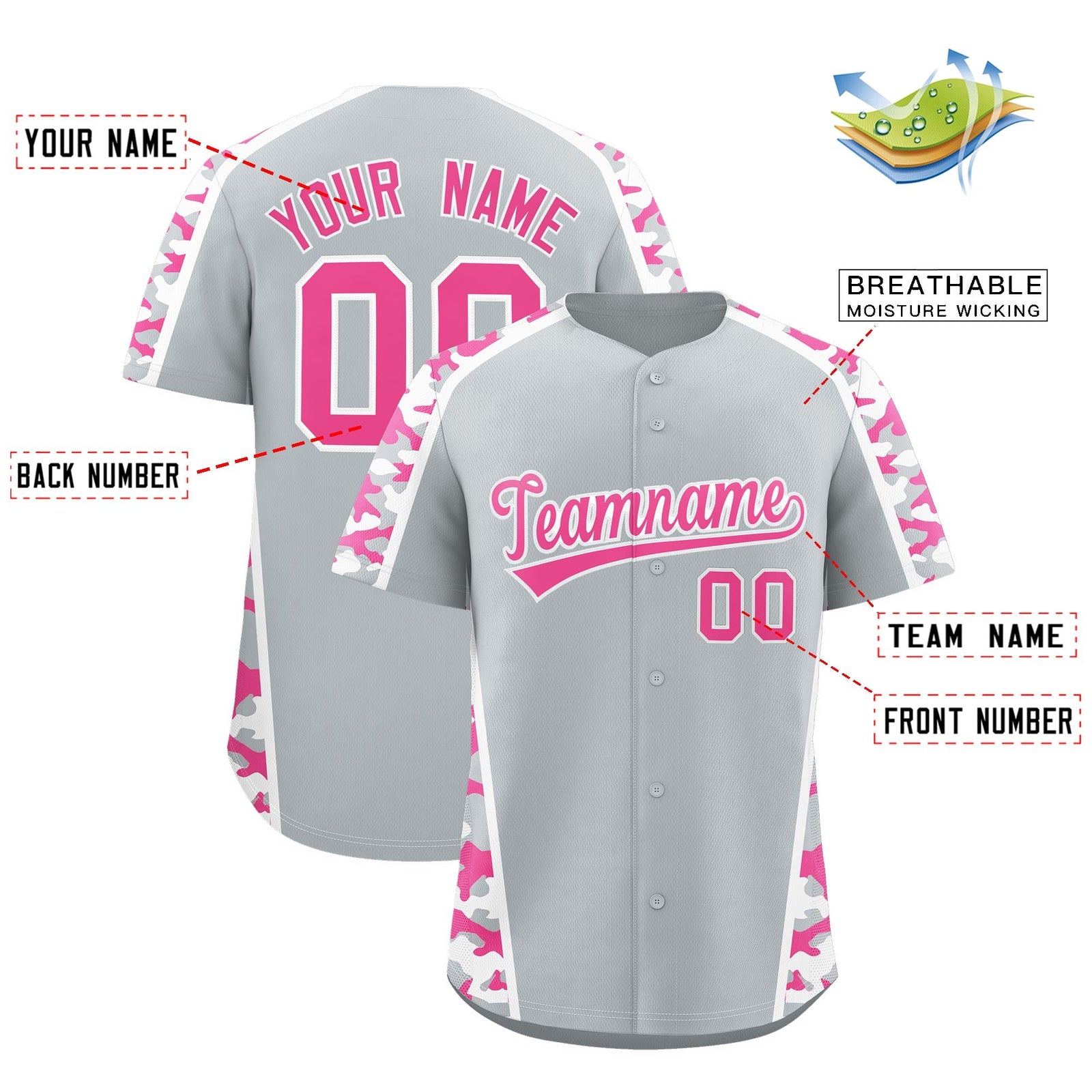 Custom Silver Pink Side Camo Style Personalization Baseball Jersey| KXKSHOP