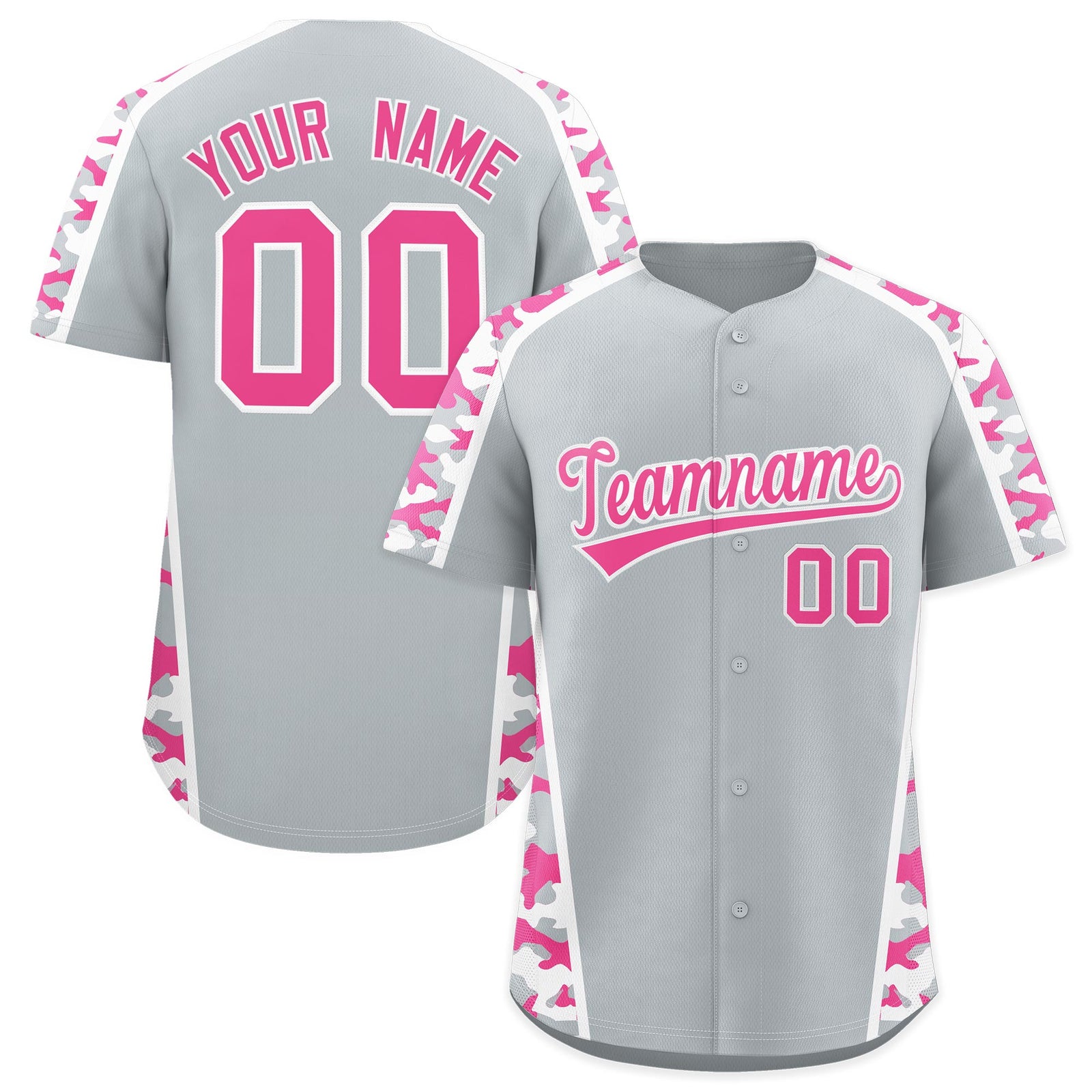 Custom Silver Pink Side Camo Style Personalization Baseball Jersey| KXKSHOP