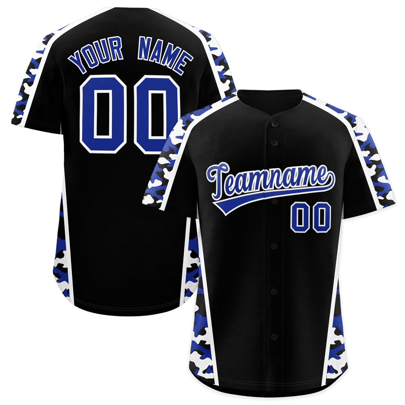 Custom Black Royal Blue Side Camo Style Personalization Baseball Jersey| KXKSHOP