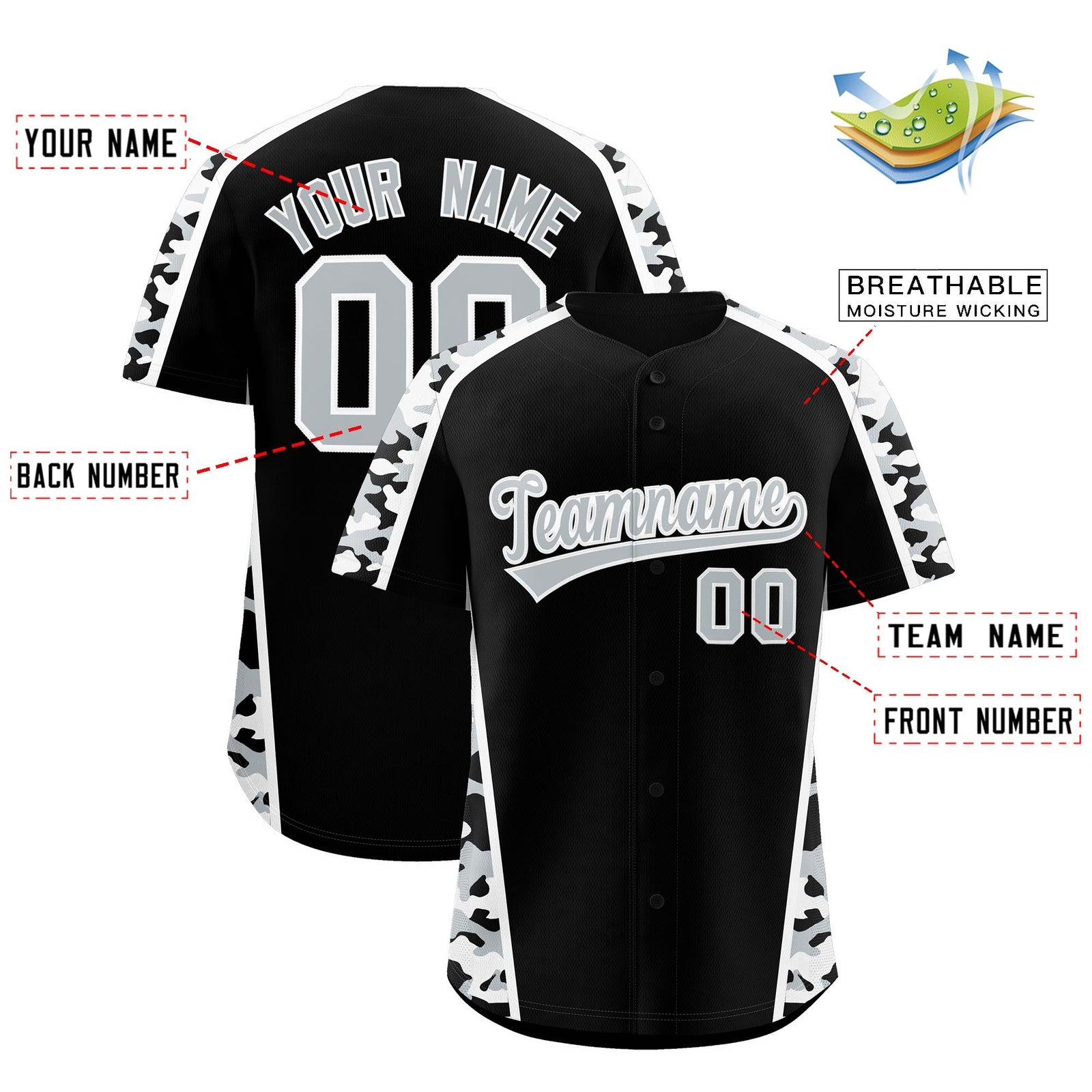 Custom Black Silver Side Camo Style Personalization Baseball Jersey| KXKSHOP
