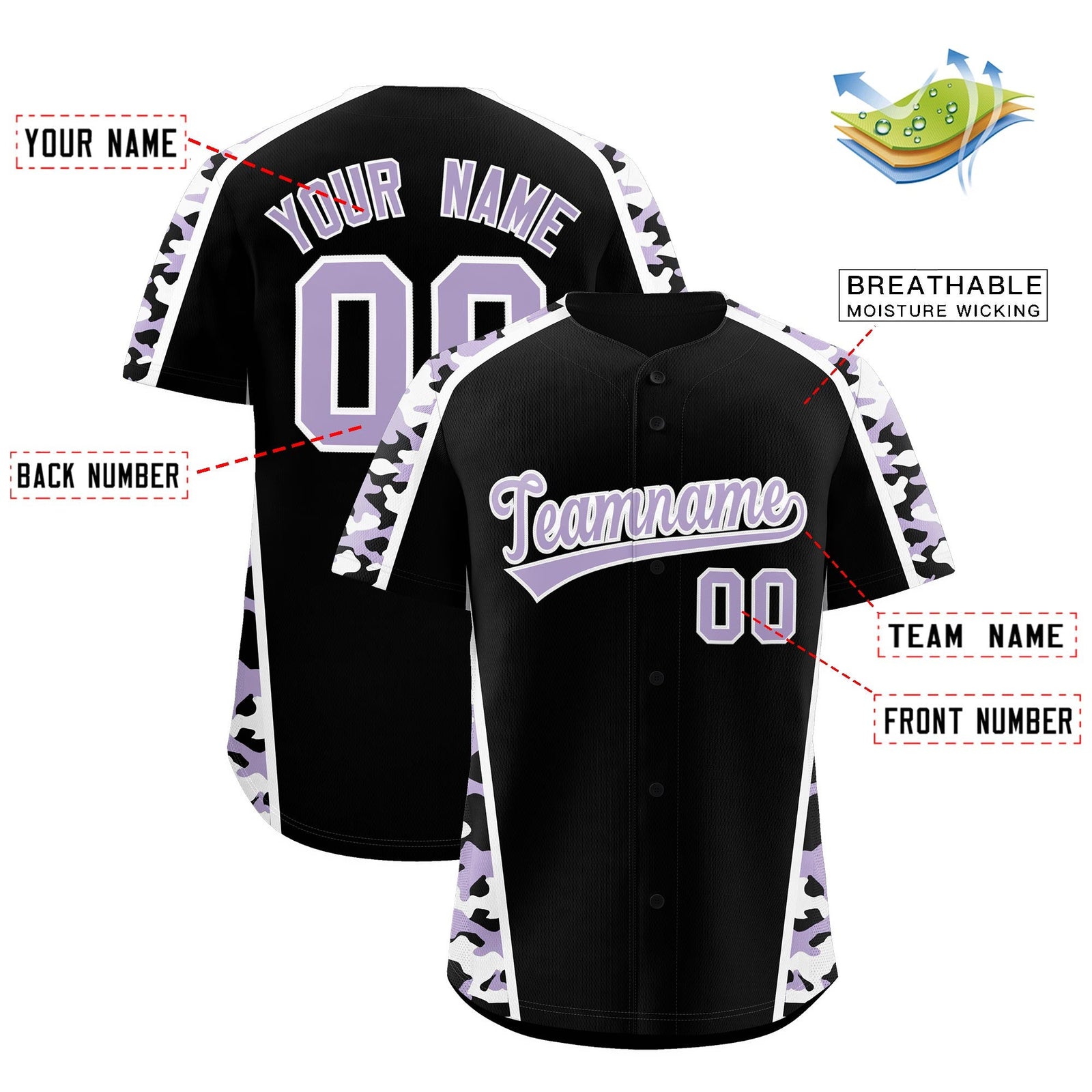 Custom Black Light Purple Side Camo Style Personalization Baseball Jersey| KXKSHOP