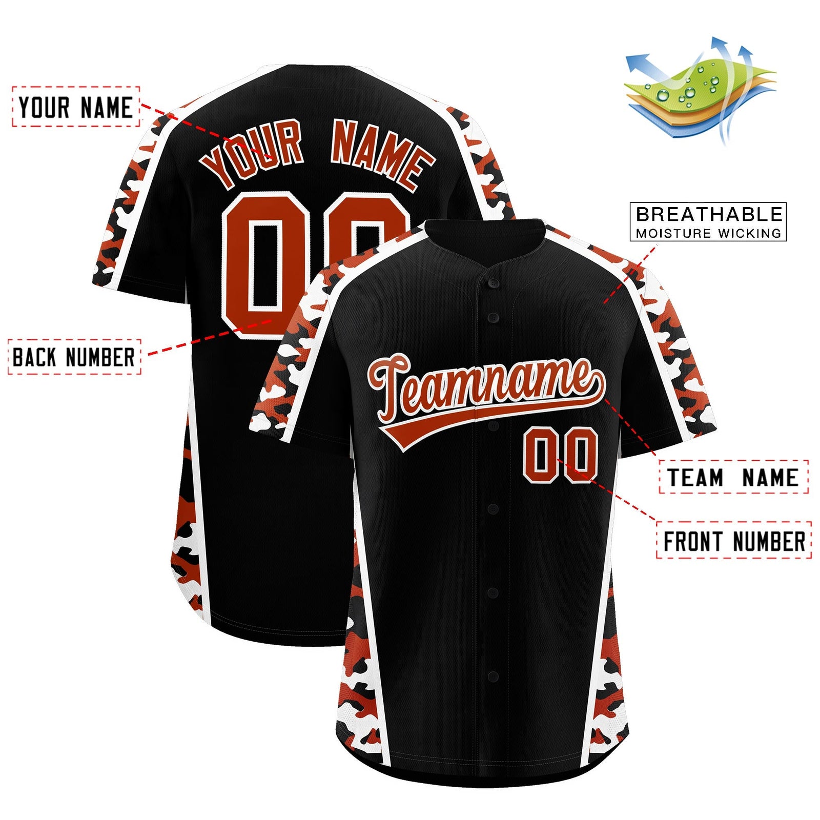 Custom Black Dark Orange Side Camo Style Personalization Baseball Jersey| KXKSHOP