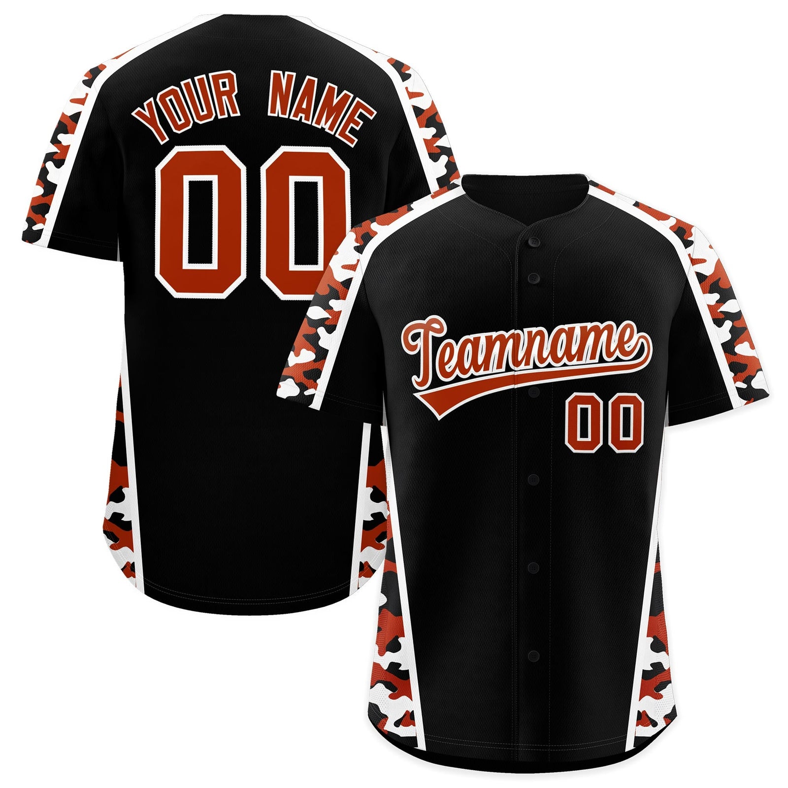 Custom Black Dark Orange Side Camo Style Personalization Baseball Jersey| KXKSHOP