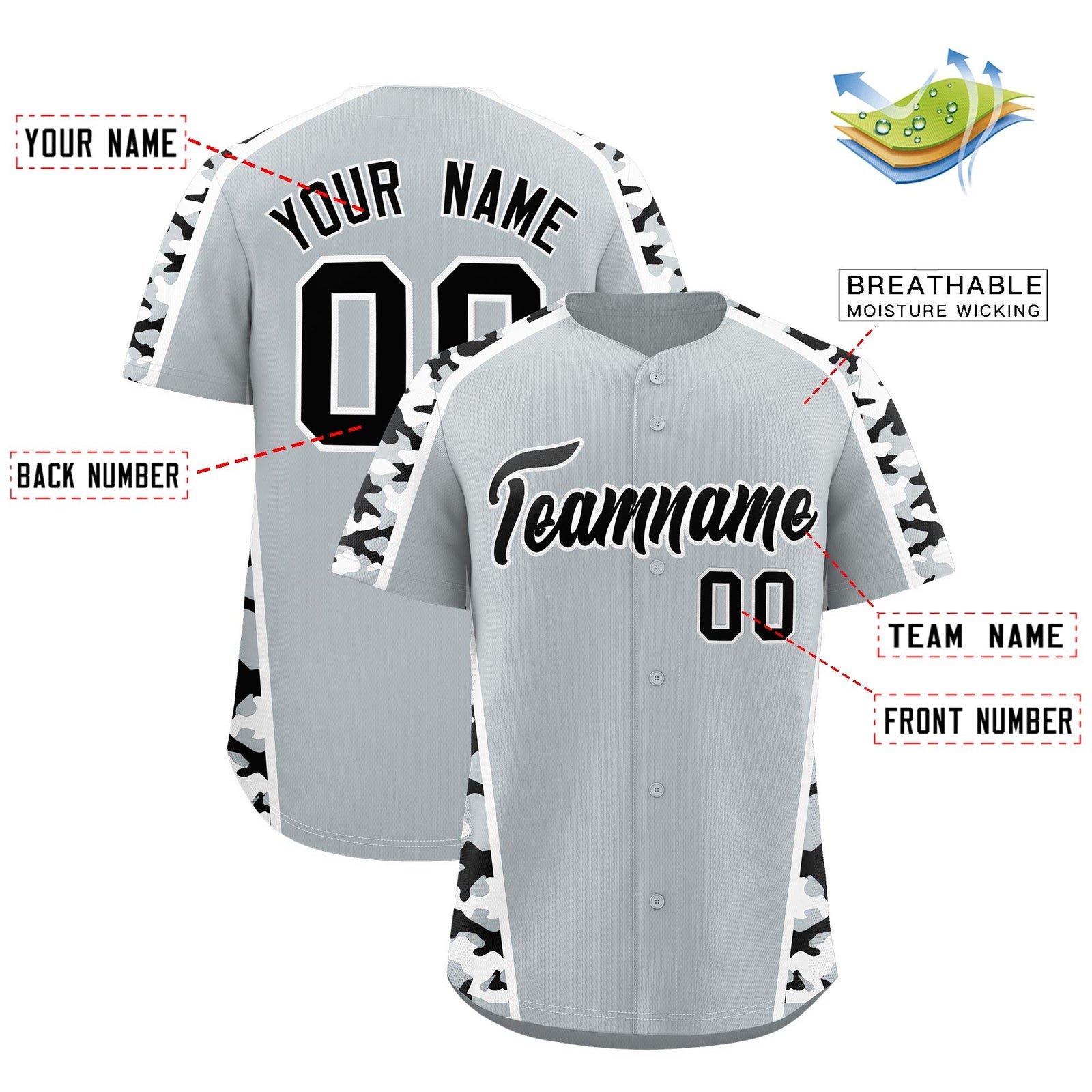 Custom Silver Black Side Camo Style Personalization Baseball Jersey| KXKSHOP