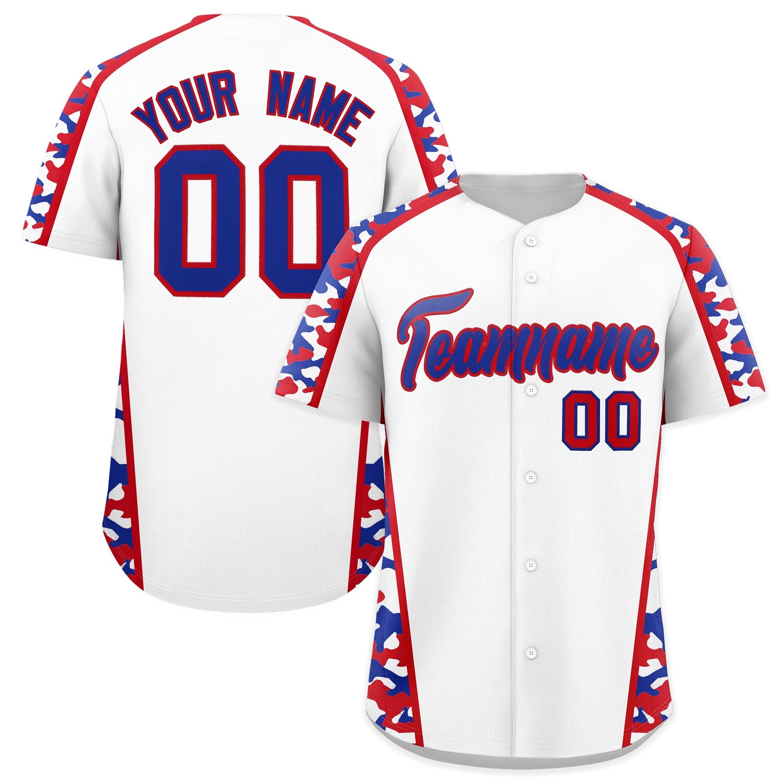 Custom White Royal Blue Side Camo Style Personalization Baseball Jersey| KXKSHOP