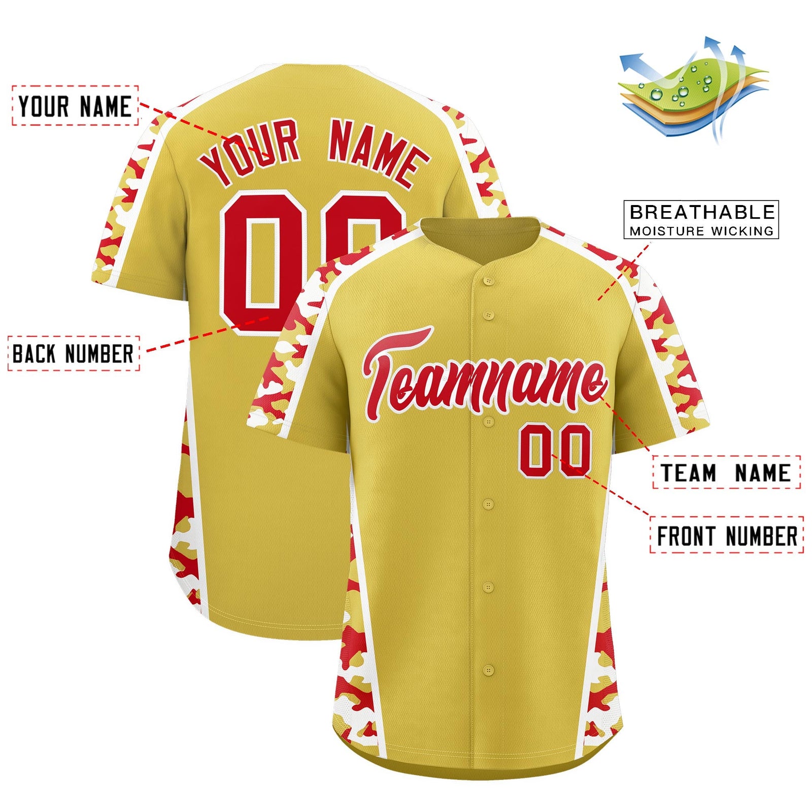 Custom Old Gold Red Side Camo Style Personalization Baseball Jersey| KXKSHOP