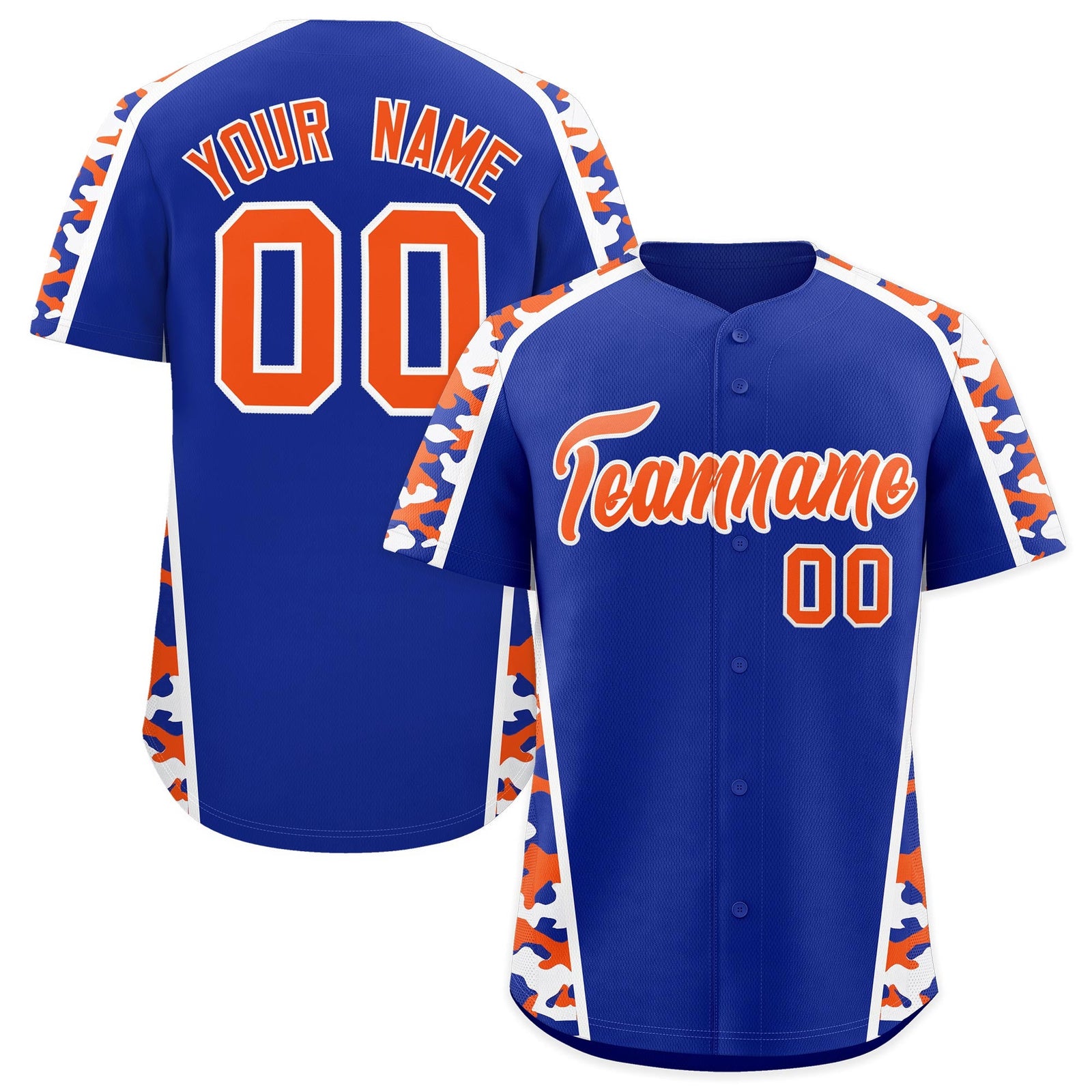 Custom Royal Blue Orange Side Camo Style Personalization Baseball Jersey| KXKSHOP