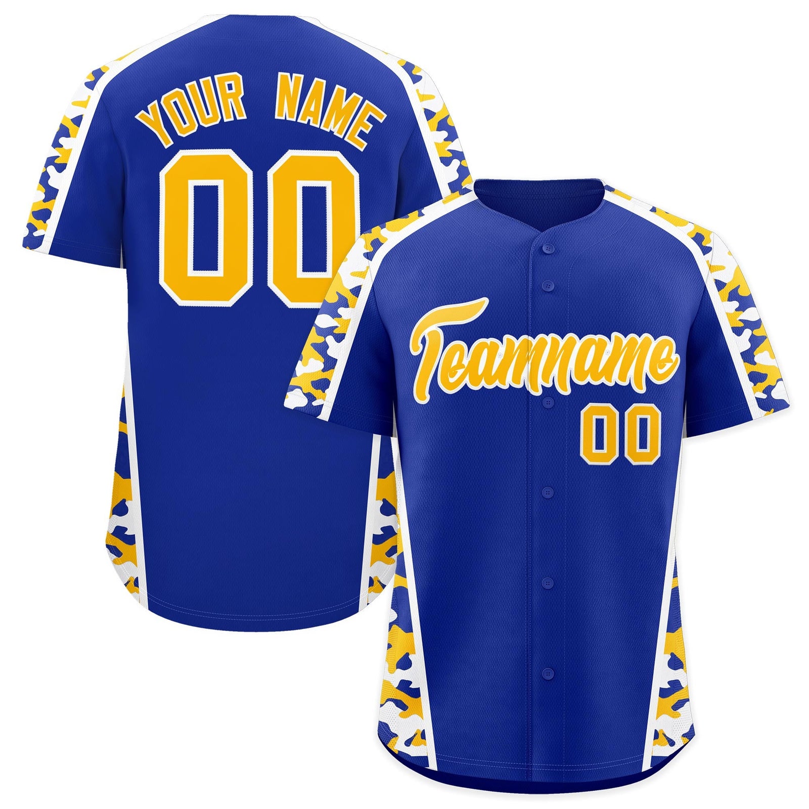 Custom Royal Blue Yellow Side Camo Style Personalization Baseball Jersey| KXKSHOP