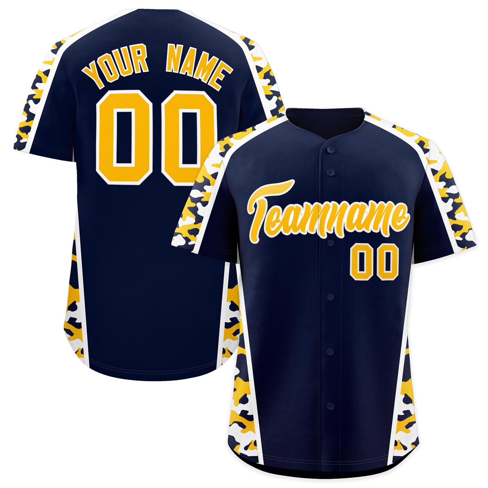 Custom Navy Yellow Side Camo Style Personalization Baseball Jersey| KXKSHOP