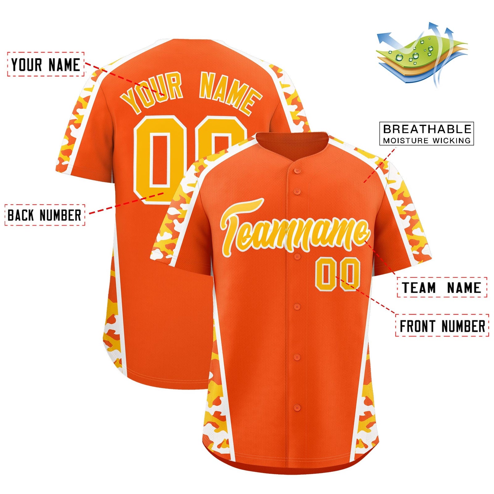 Custom Orange Yellow Side Camo Style Personalization Baseball Jersey| KXKSHOP