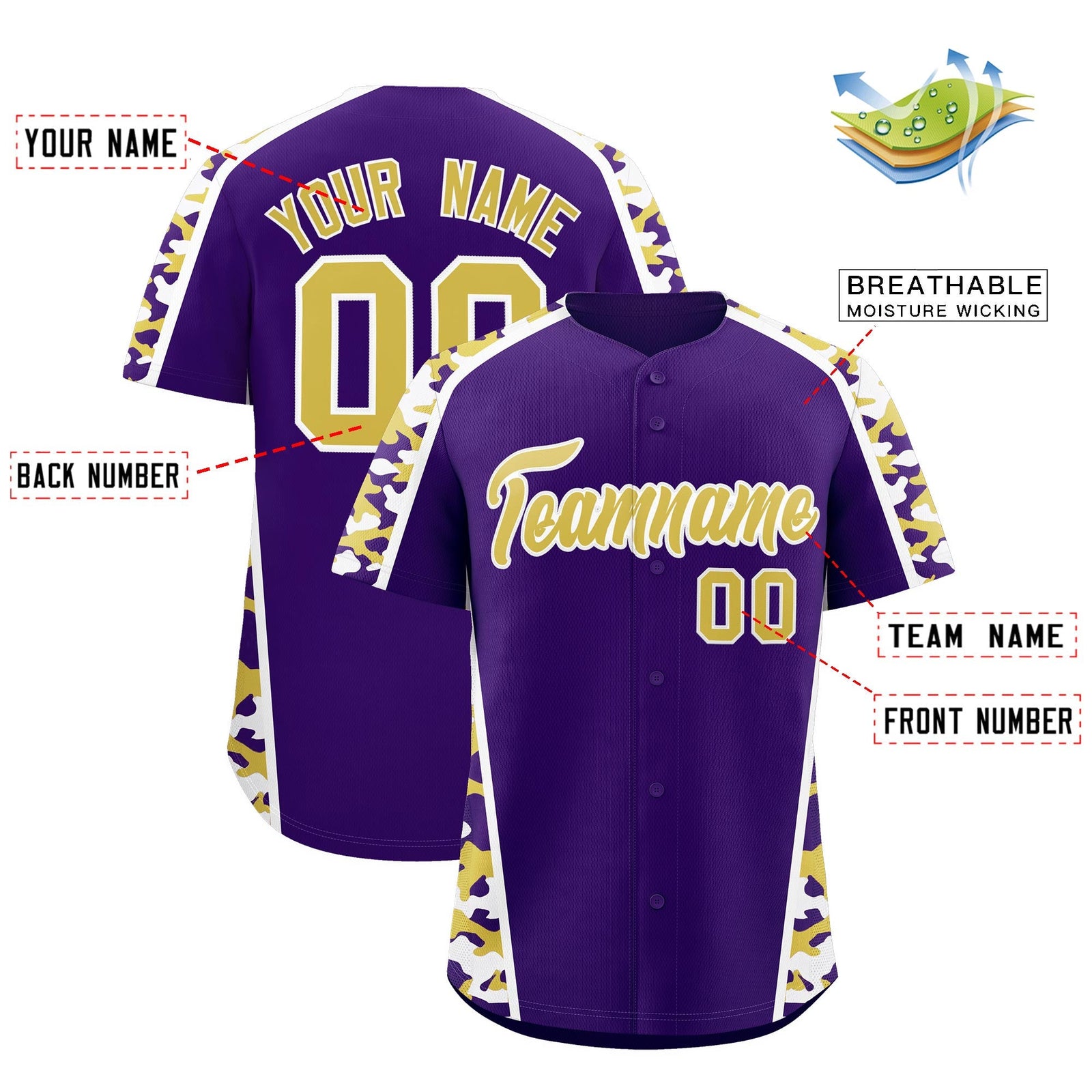 Custom Purple Old Gold Side Camo Style Personalization Baseball Jersey| KXKSHOP