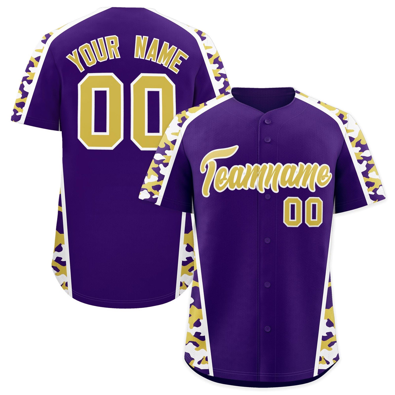 Custom Purple Old Gold Side Camo Style Personalization Baseball Jersey| KXKSHOP