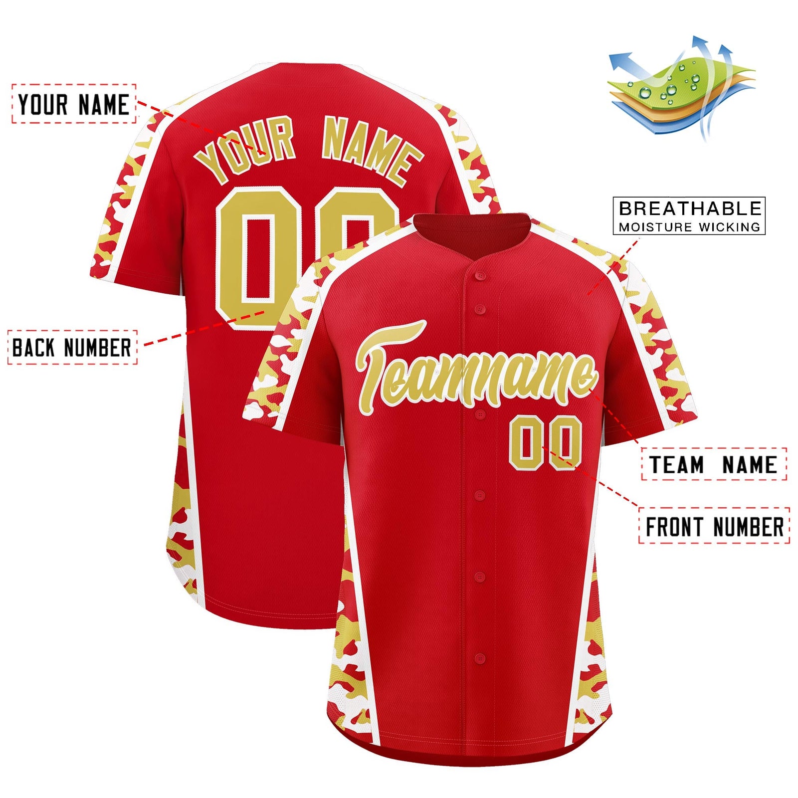 Custom Red Old Gold Side Camo Style Personalization Baseball Jersey| KXKSHOP
