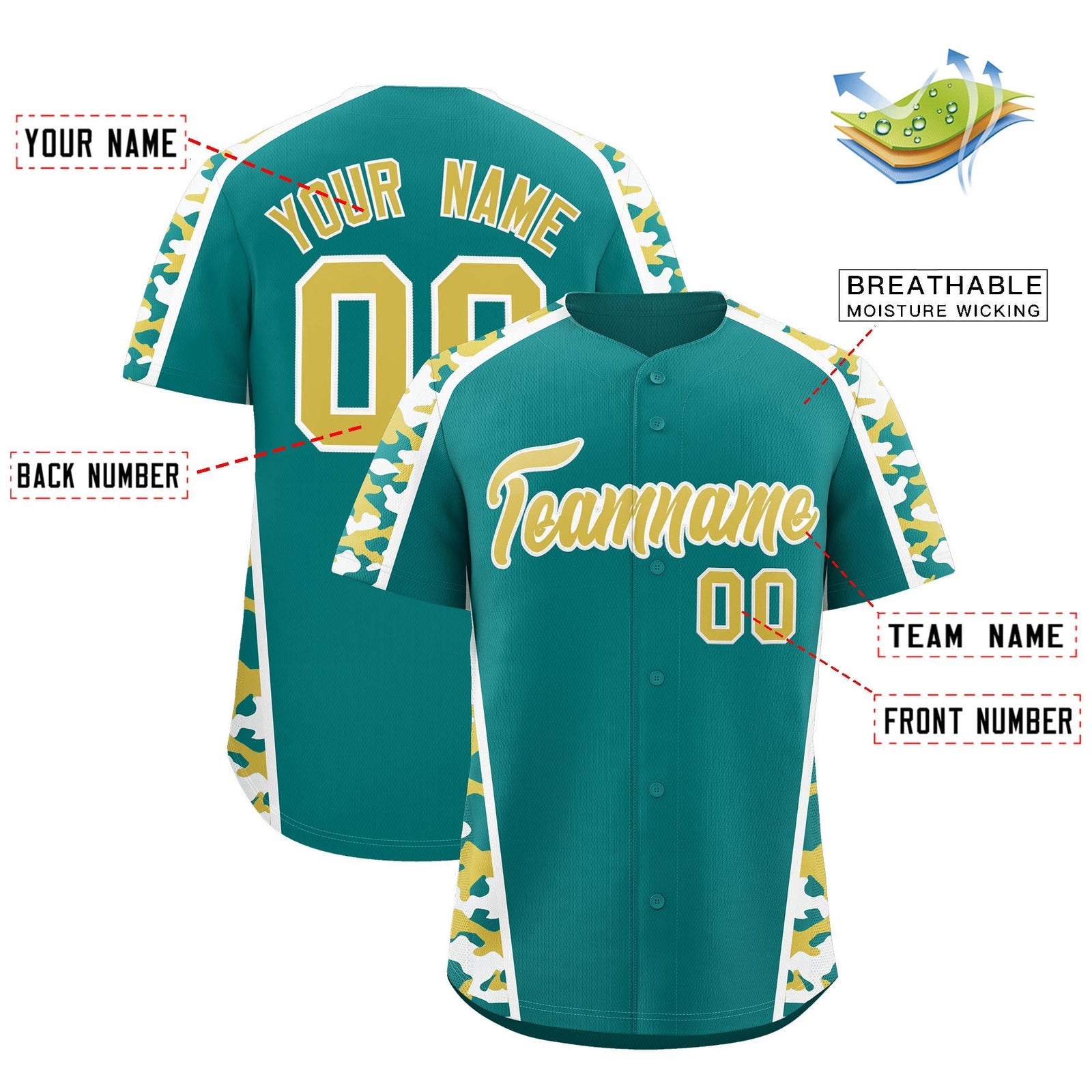 Custom Teal Old Gold Side Camo Style Personalization Baseball Jersey| KXKSHOP