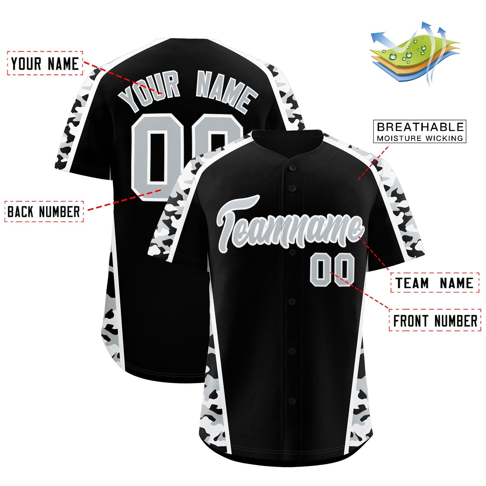 Custom Black Silver Side Camo Style Personalization Baseball Jersey| KXKSHOP