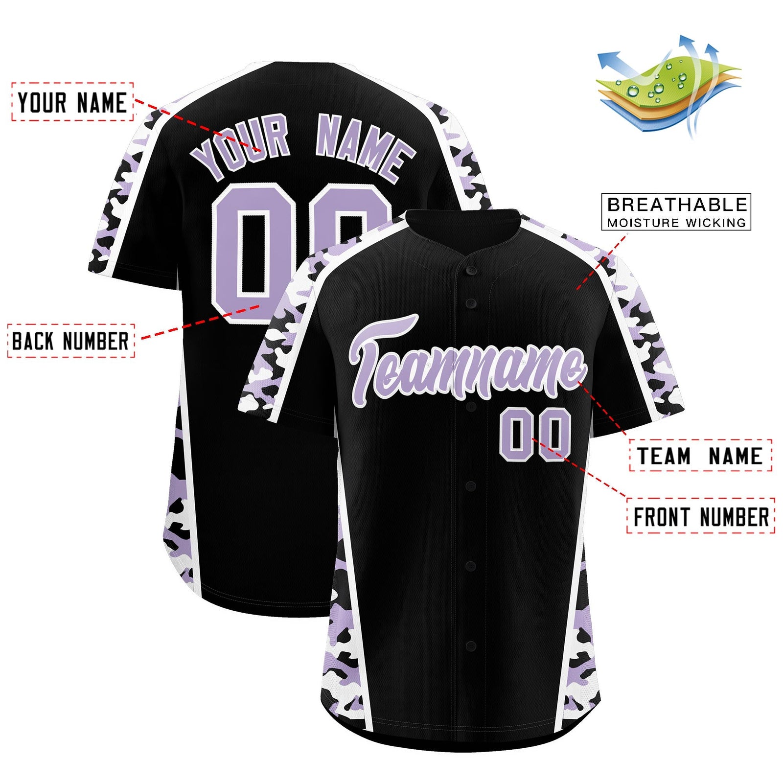Custom Black Light Purple Side Camo Style Personalization Baseball Jersey| KXKSHOP