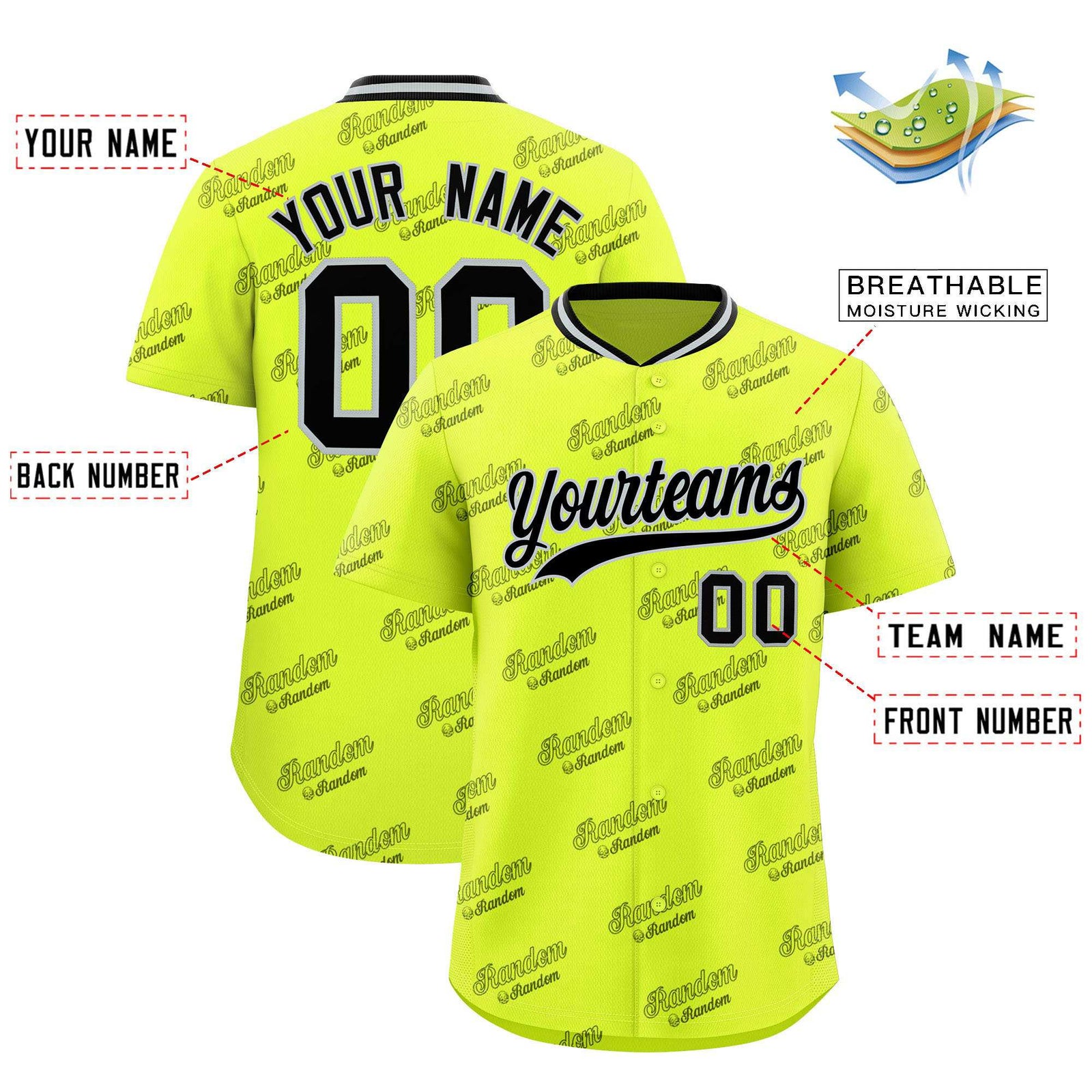 Custom Fluorescent Green Black Full Button Text Graffiti Pattern Authentic Baseball Jersey