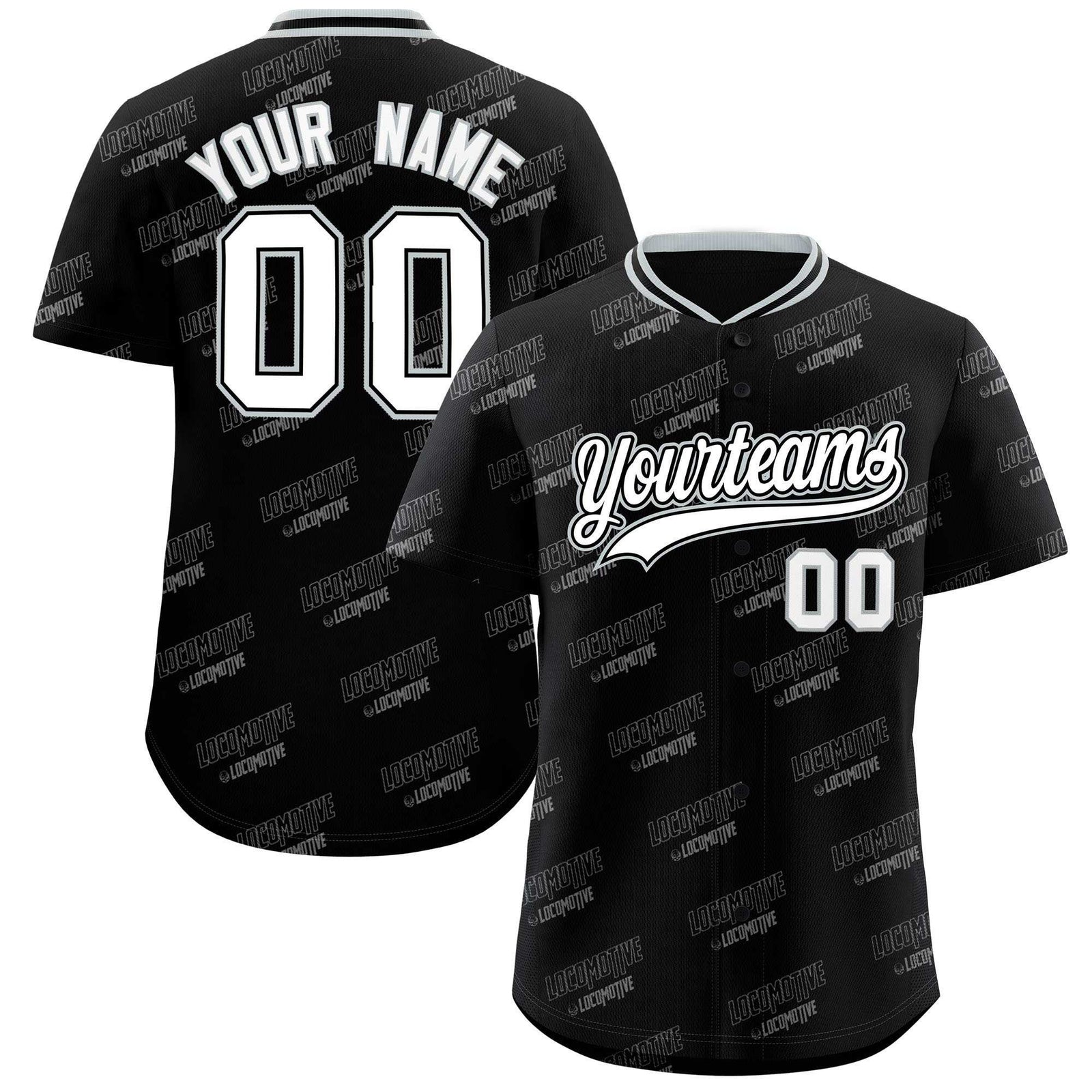 Custom Black Silver Full Button Text Graffiti Pattern Authentic Baseball Jersey