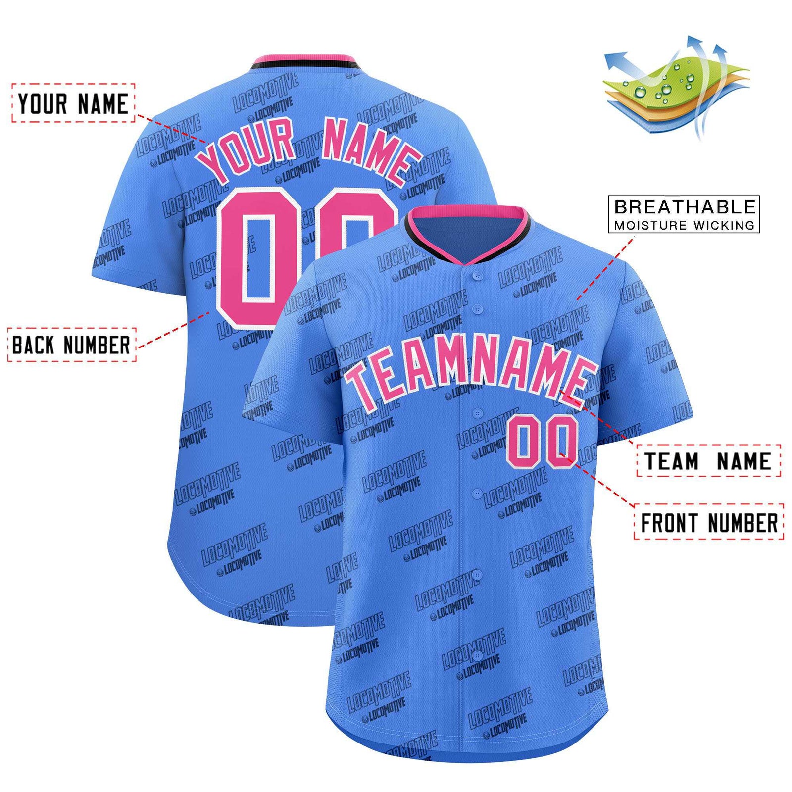 Custom Powder Blue Pink Full Button Text Graffiti Pattern Authentic Baseball Jersey