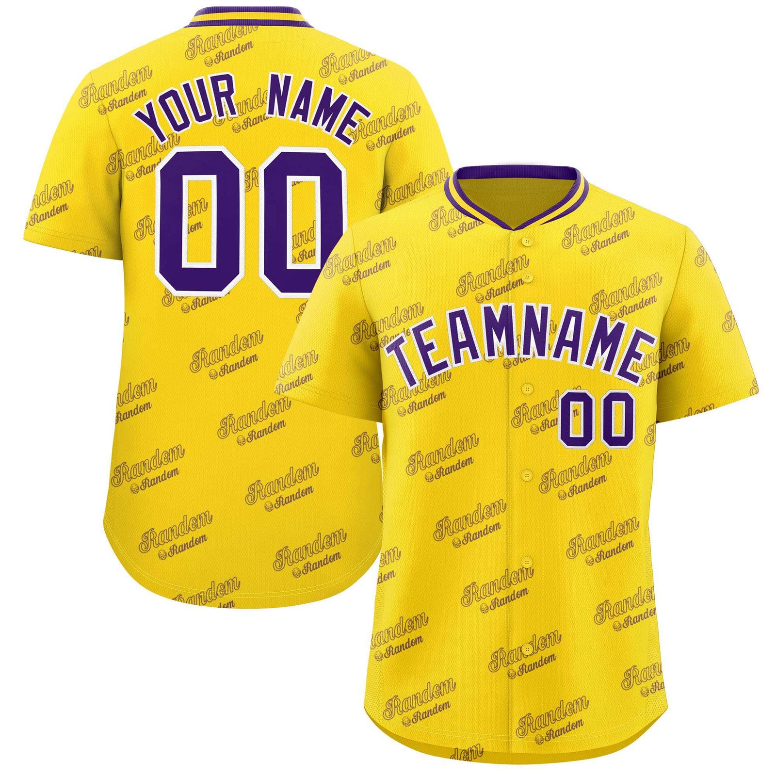 Custom Gold Purple Full Button Text Graffiti Pattern Authentic Baseball Jersey
