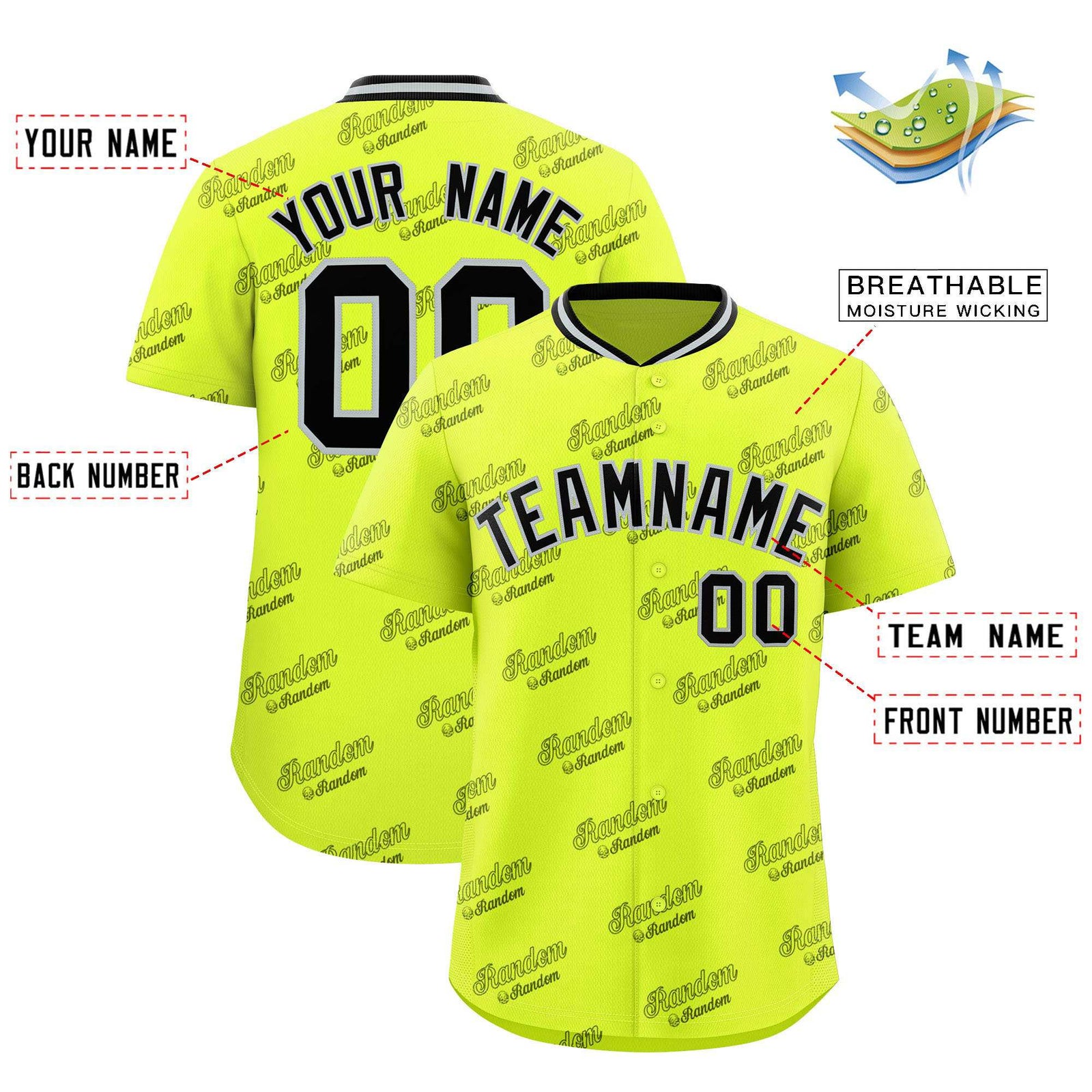 Custom Fluorescent Green Black Full Button Text Graffiti Pattern Authentic Baseball Jersey