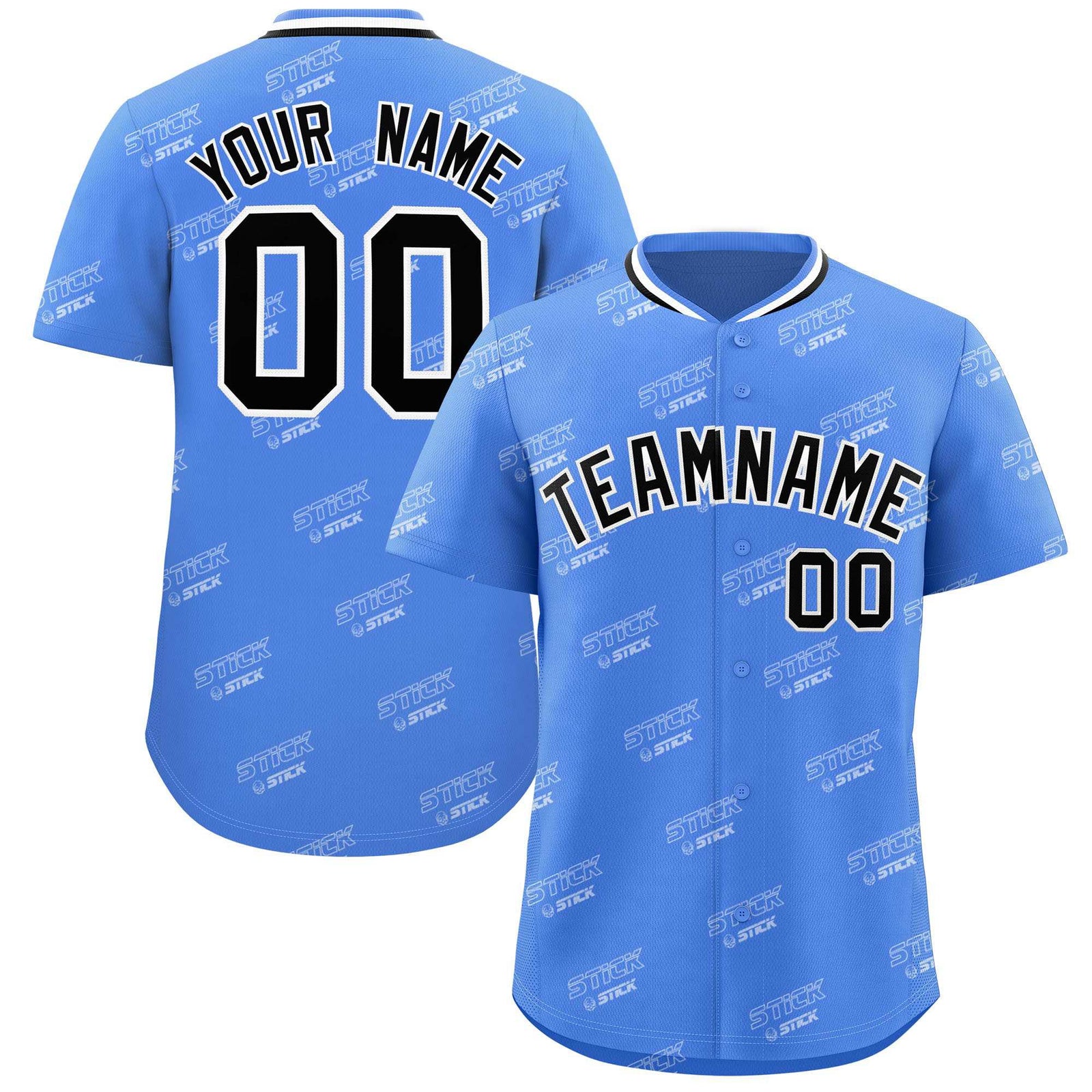 Custom Powder Blue Black Full Button Text Graffiti Pattern Authentic Baseball Jersey
