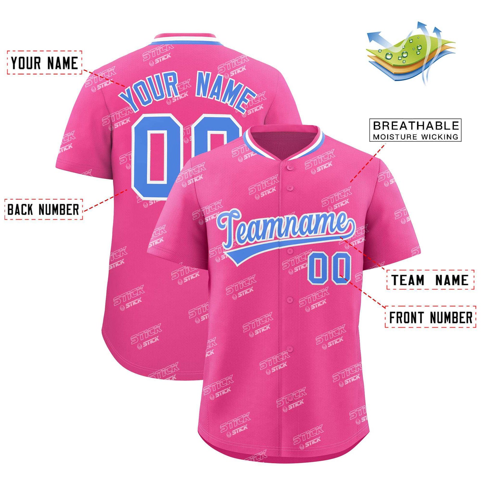 Custom Pink Powder Blue Full Button Text Graffiti Pattern Authentic Baseball Jersey
