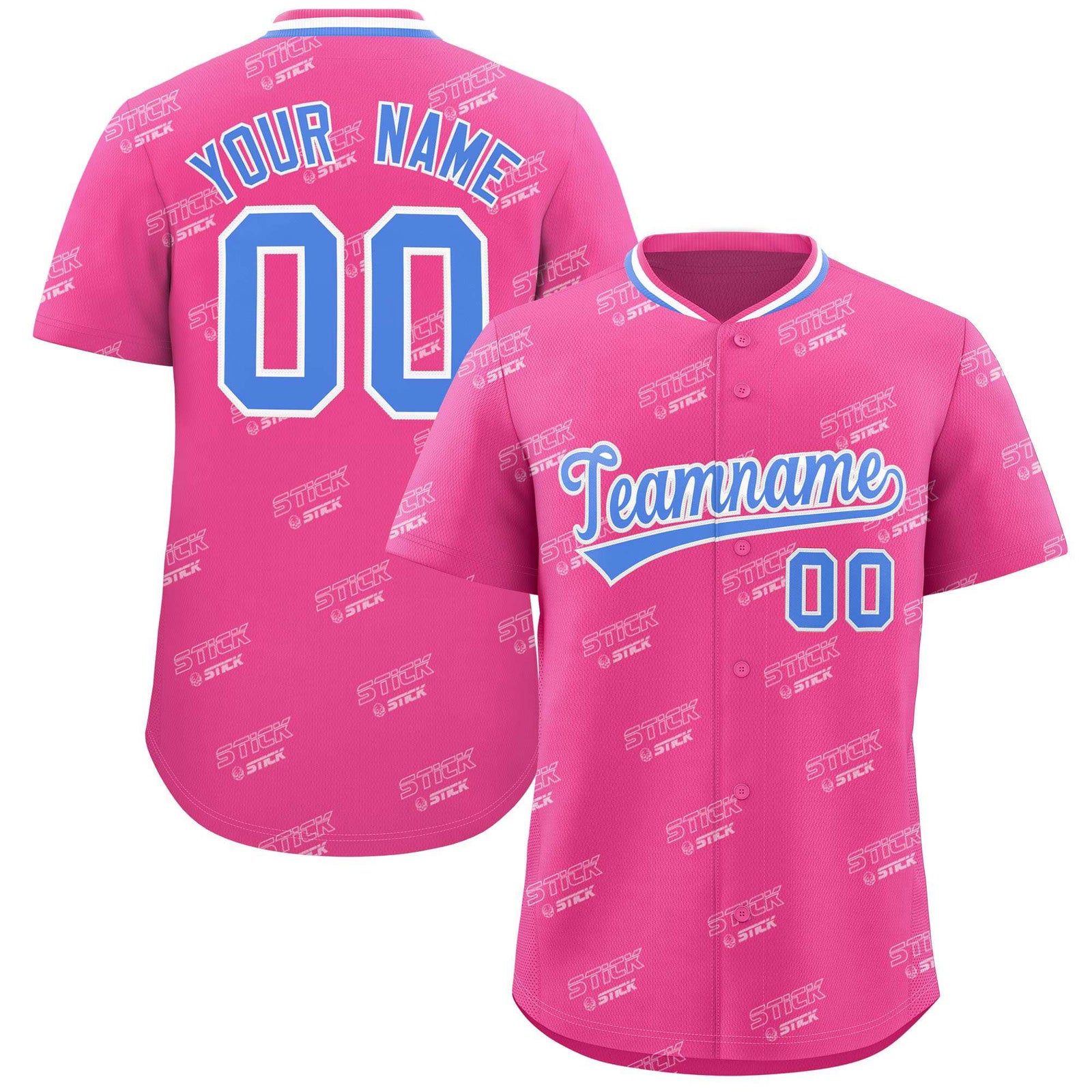 Custom Pink Powder Blue Full Button Text Graffiti Pattern Authentic Baseball Jersey