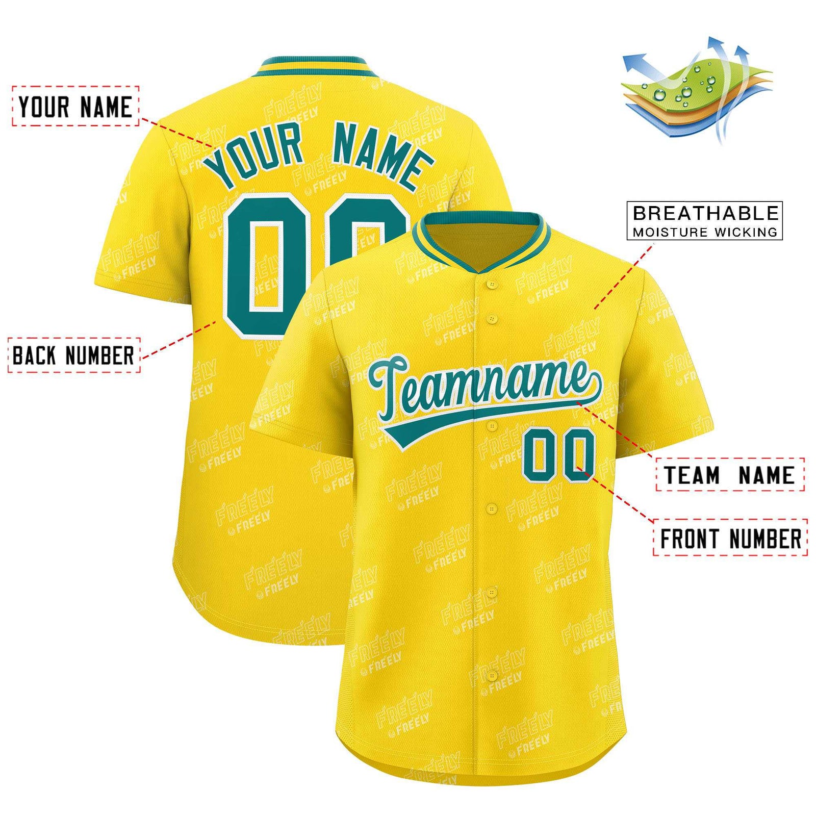 Custom Gold Teal Full Button Text Graffiti Pattern Authentic Baseball Jersey