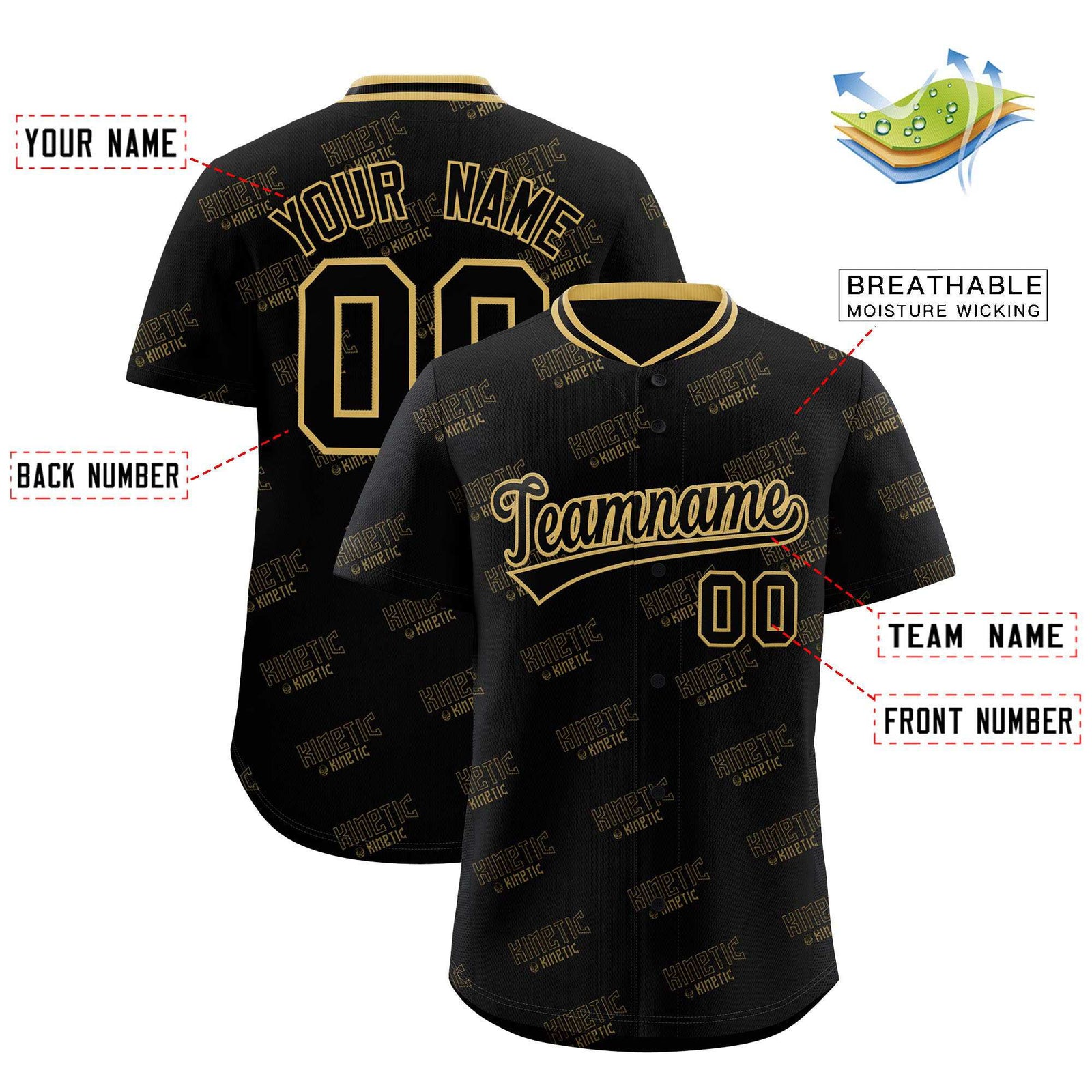 Custom Black Old Gold Full Button Text Graffiti Pattern Authentic Baseball Jersey