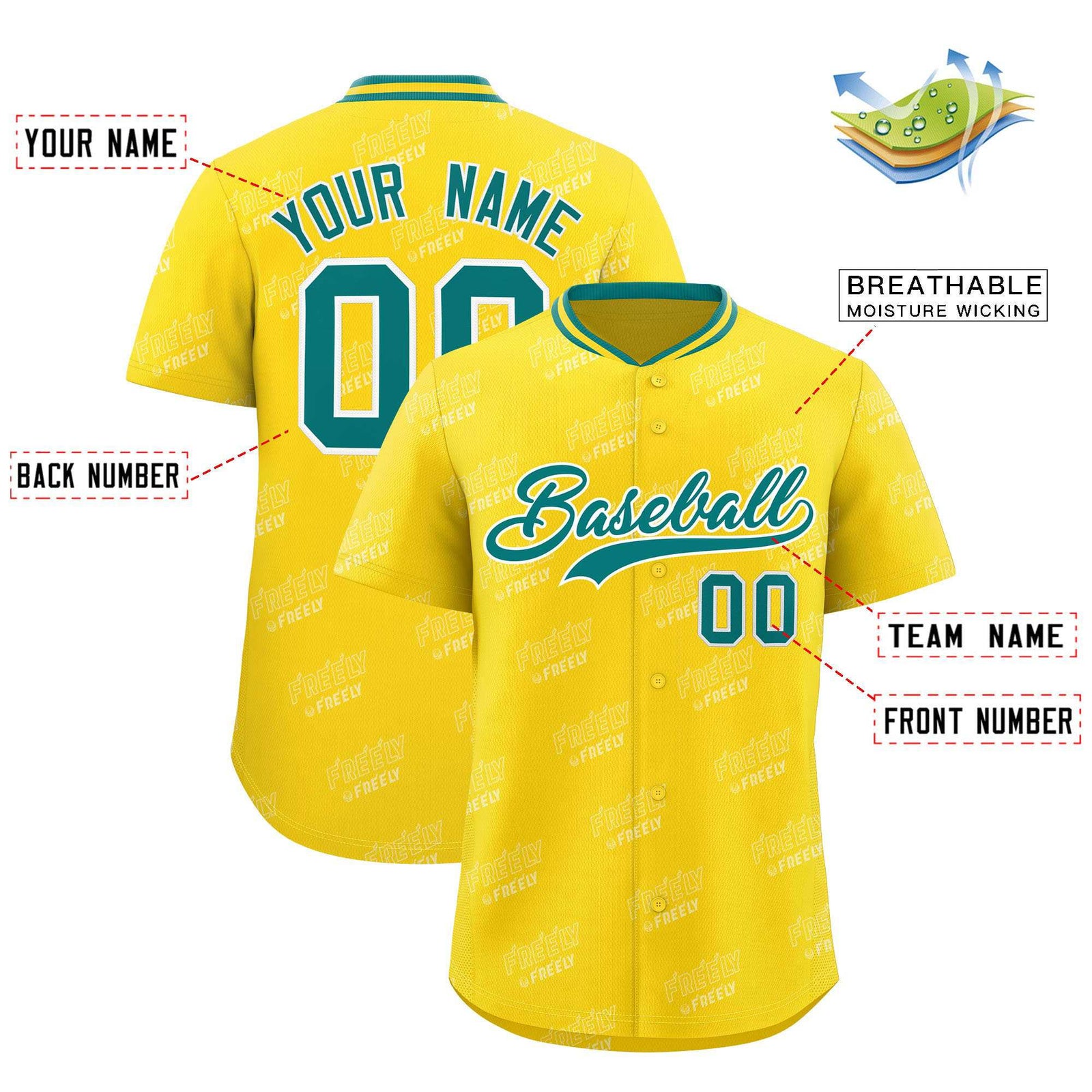 Custom Gold Teal Full Button Text Graffiti Pattern Authentic Baseball Jersey