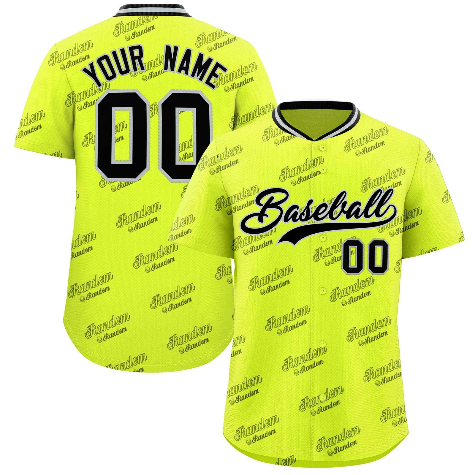 Custom Fluorescent Green Black Full Button Text Graffiti Pattern Authentic Baseball Jersey
