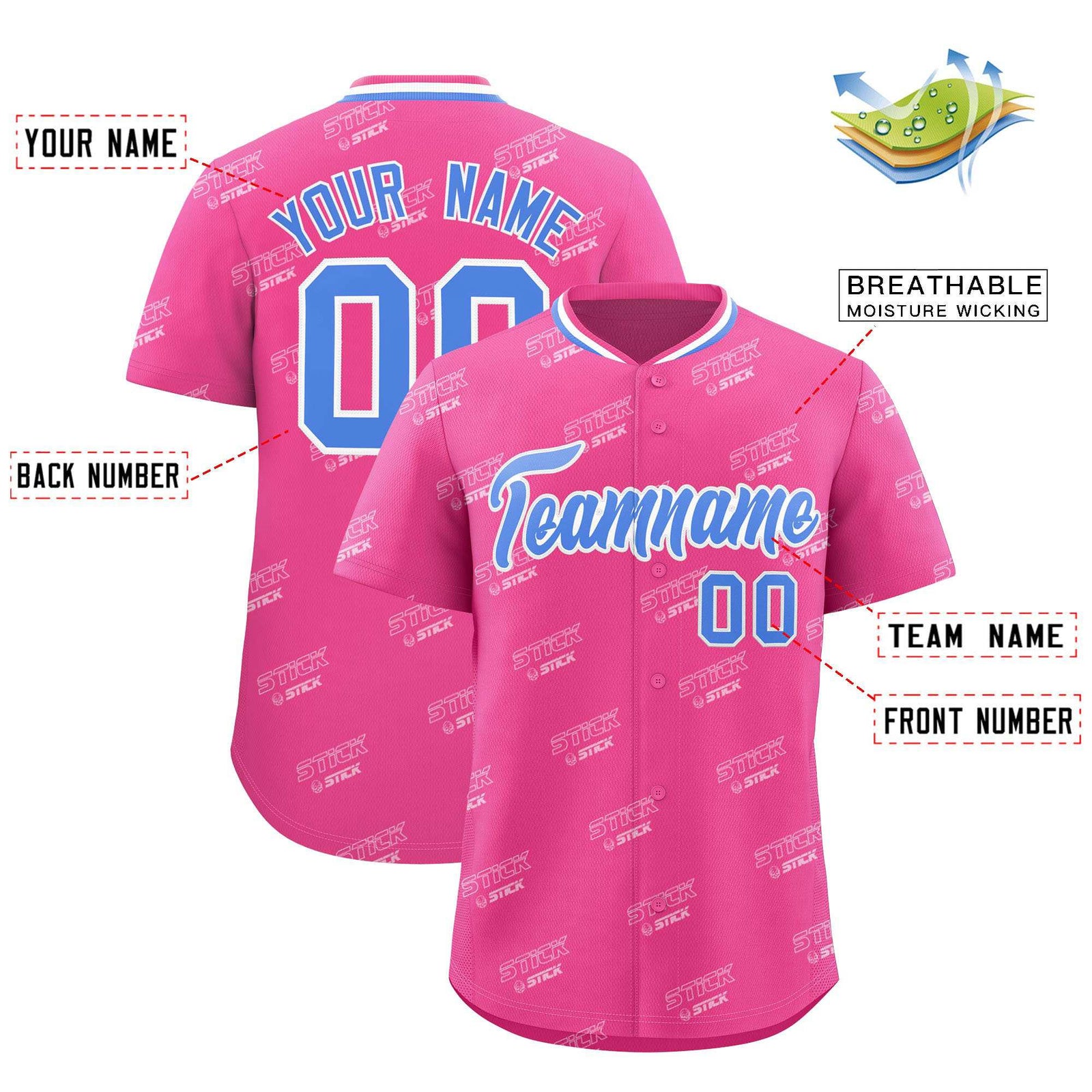 Custom Pink Powder Blue Full Button Text Graffiti Pattern Authentic Baseball Jersey