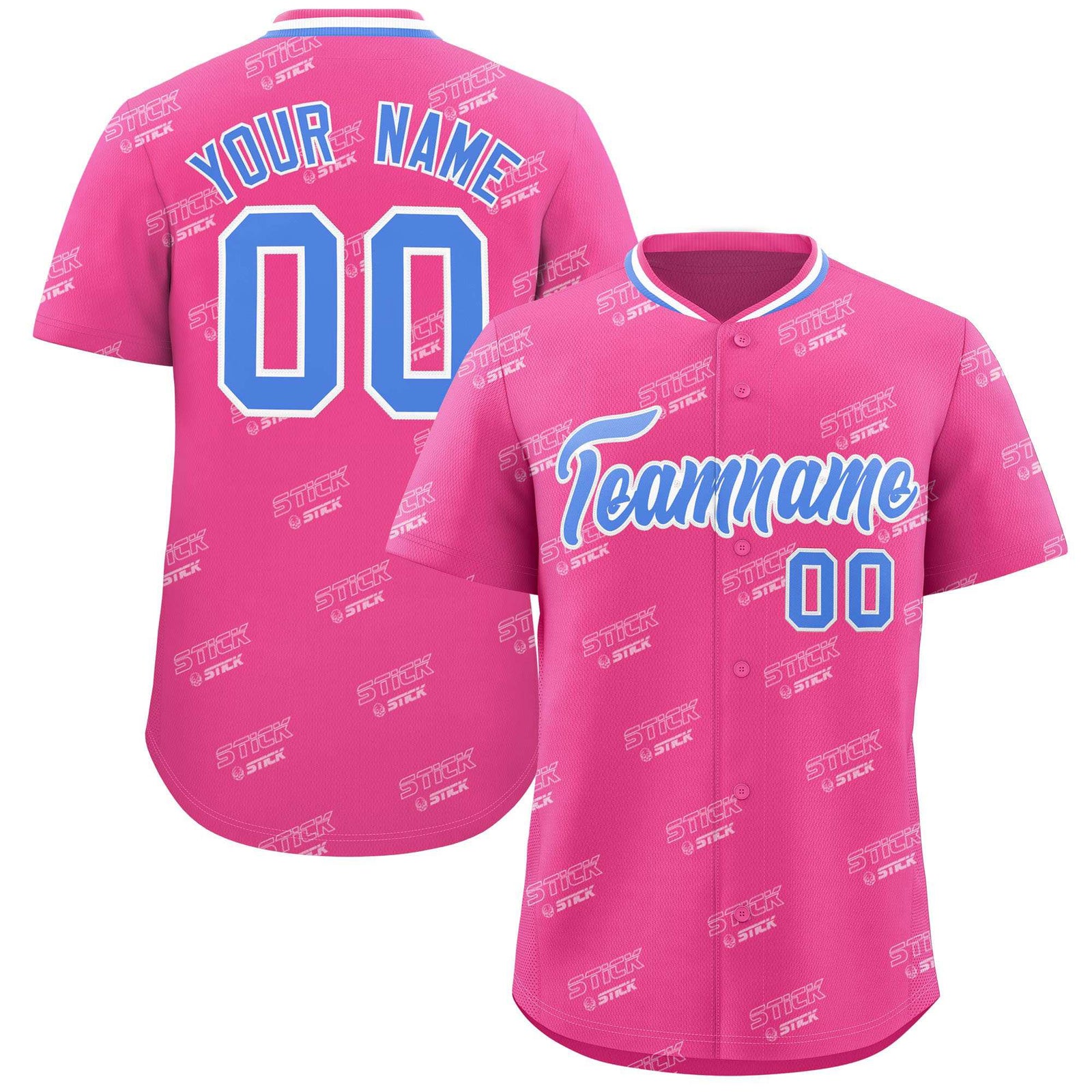 Custom Pink Powder Blue Full Button Text Graffiti Pattern Authentic Baseball Jersey