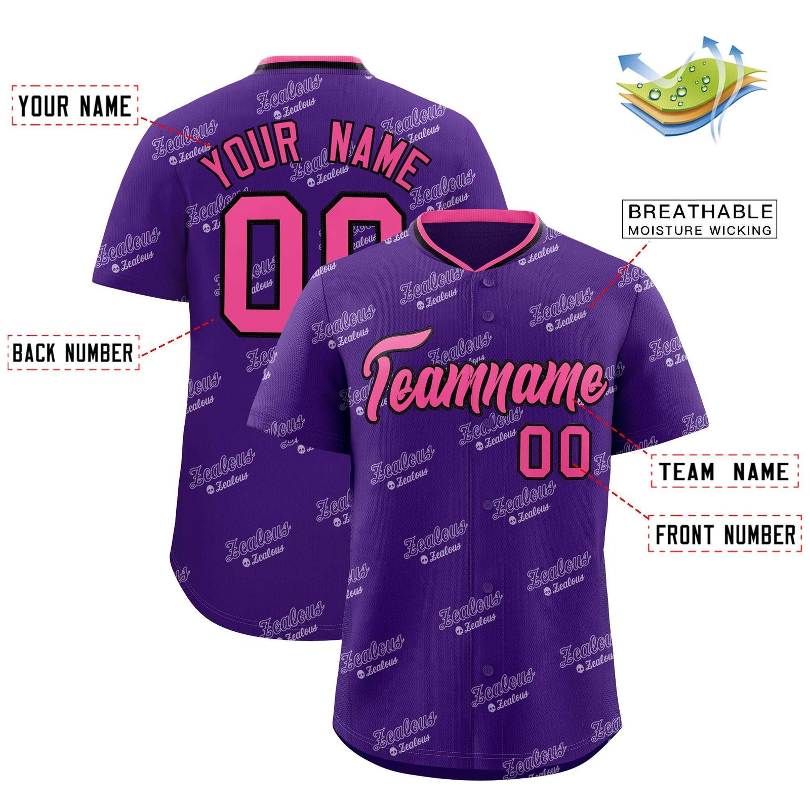 Custom Purple Pink Full Button Text Graffiti Pattern Authentic Baseball Jersey